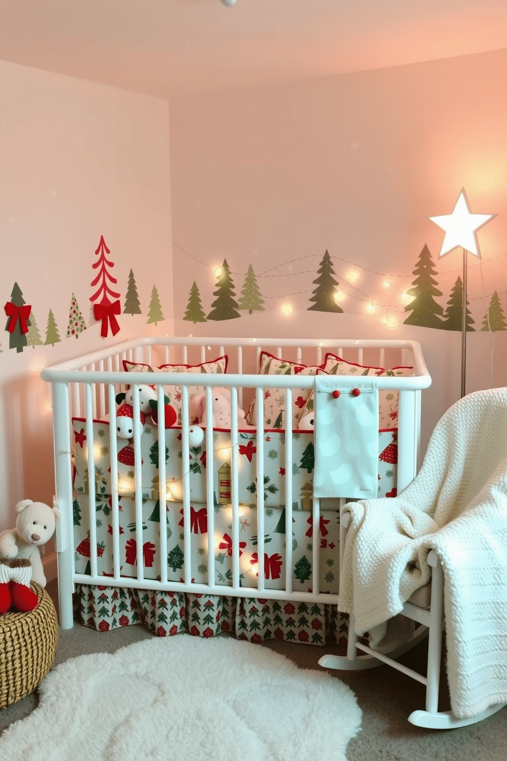 A cozy nursery adorned with holiday-themed bedding for a crib, featuring soft, festive patterns in red and green. The crib is surrounded by plush toys and twinkling fairy lights, creating a warm and inviting atmosphere for the holiday season. The walls are painted in a soft pastel hue, complemented by a whimsical mural of snowflakes and holiday trees. A small rocking chair in the corner is draped with a knitted blanket, enhancing the charm of this festive nursery space.