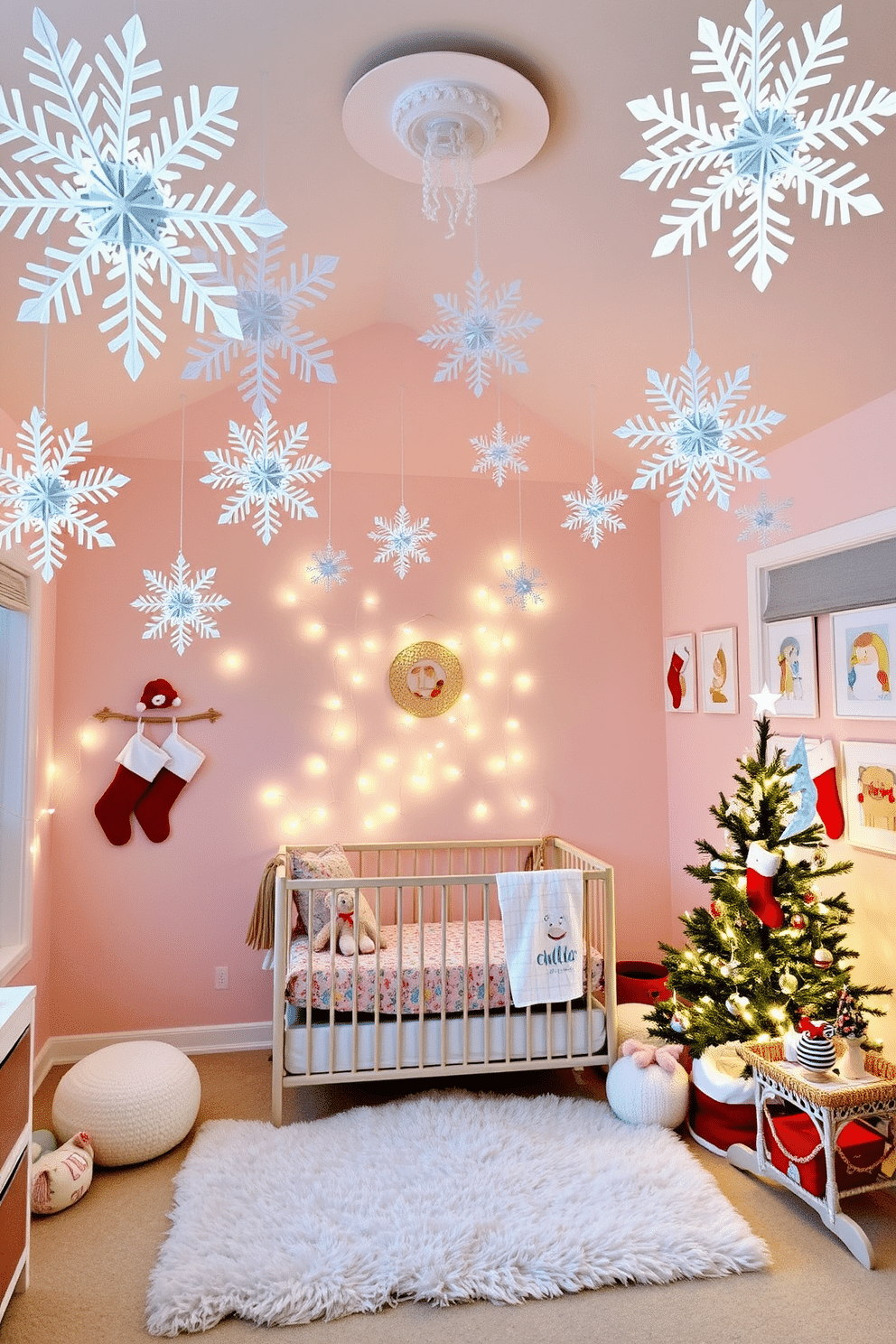 A whimsical nursery adorned with DIY paper snowflakes gracefully hanging from the ceiling, creating a magical winter wonderland atmosphere. The walls are painted in soft pastel colors, and a cozy crib is surrounded by festive decorations, including twinkling fairy lights and plush toys. The room features a cheerful Christmas theme with a small tree decorated with colorful ornaments and a soft, fluffy rug on the floor. Stockings are hung by the window, and cheerful holiday artwork adorns the walls, making the space inviting and joyful for the little ones.