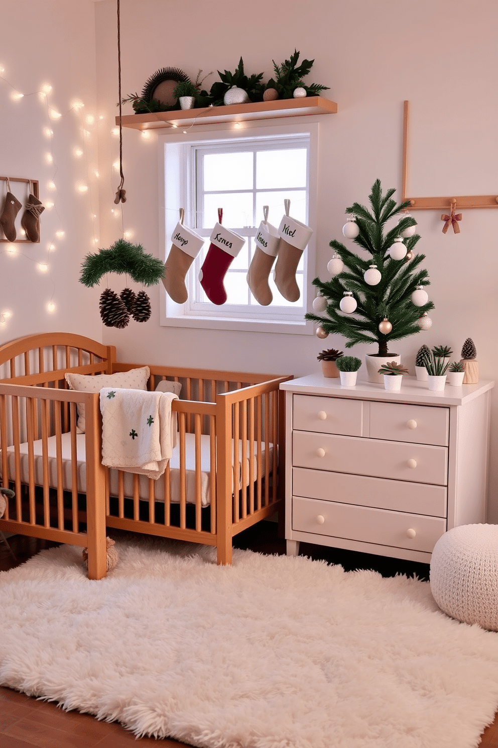 A cozy nursery decorated for Christmas, featuring a soft, plush rug and a wooden crib adorned with a festive mobile of pinecones and greenery. The walls are painted in a soothing pastel color, with twinkling fairy lights draped around the window, creating a warm and inviting atmosphere. On the dresser, a collection of decorative pinecones and small potted evergreen plants add a touch of nature to the space. Stockings hang from a shelf above, each personalized with the baby's name, while a small Christmas tree stands in the corner, decorated with soft, child-friendly ornaments.