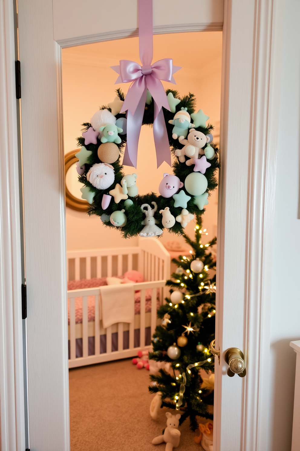 A charming nursery door adorned with a themed wreath featuring soft pastel colors and whimsical elements like stuffed animals and stars. The wreath is complemented by a delicate bow, adding a touch of elegance to the cheerful entrance. Inside the nursery, a cozy Christmas atmosphere is created with twinkling fairy lights and festive decorations. A small tree stands in the corner, decorated with handmade ornaments and surrounded by plush toys, enhancing the warmth and joy of the holiday season.