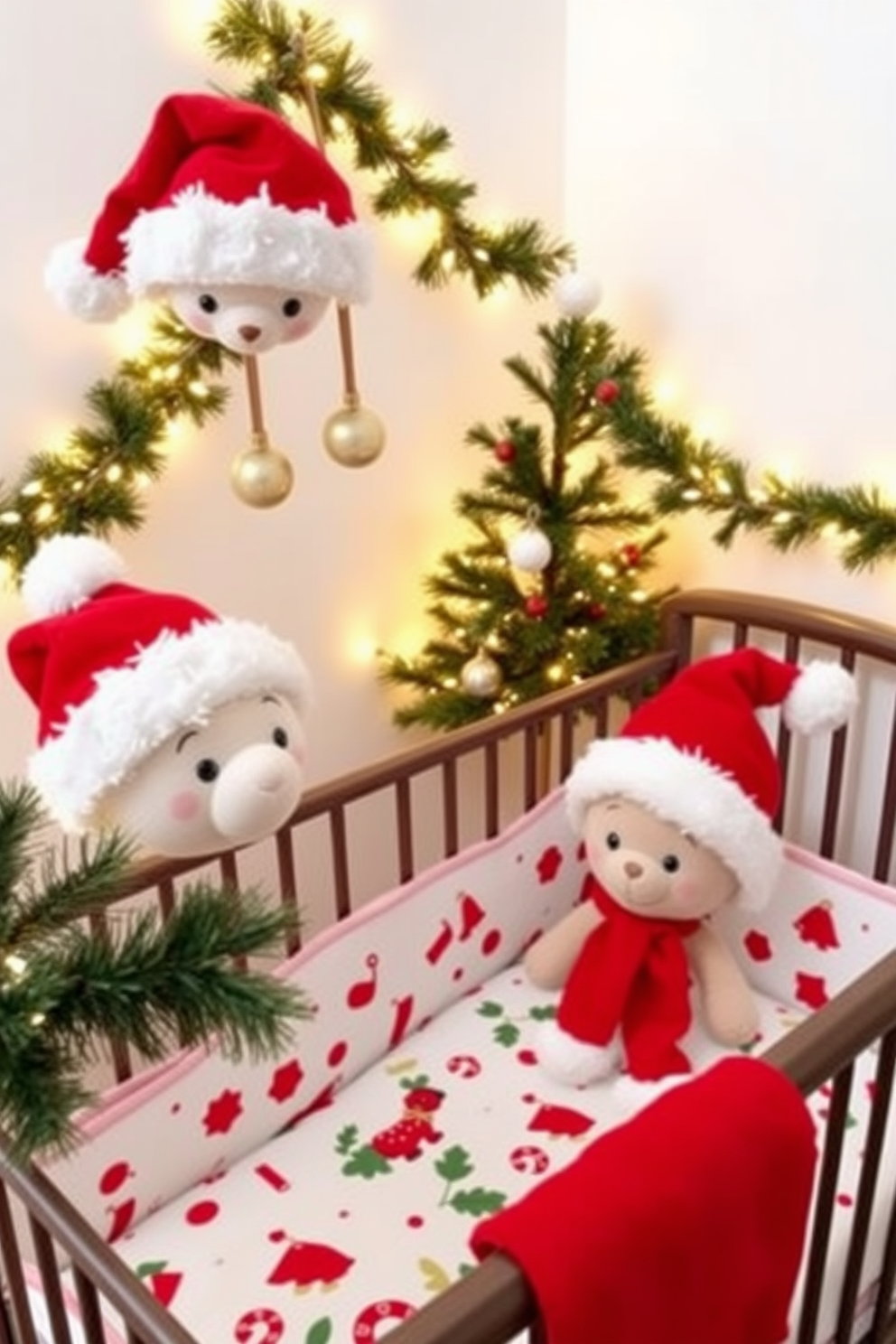 Cute Santa hats for stuffed animals. The hats are made of soft red fabric with white fluffy trim, perfectly sized for various plush toys. Each hat features a small pom-pom on top, adding a playful touch. They can be paired with matching scarves to create an adorable holiday look. Nursery Christmas decorating ideas. The nursery is adorned with gentle twinkling lights and festive garlands, creating a warm and cozy atmosphere. Soft, plush ornaments hang from a small tree, while holiday-themed bedding adds a cheerful touch to the crib.