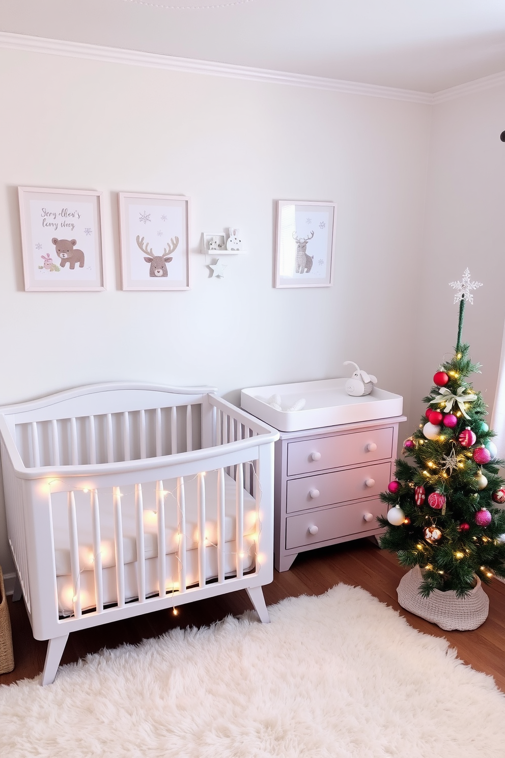 A cozy nursery adorned with Christmas-themed wall art featuring whimsical designs of snowflakes and playful reindeer. Soft pastel colors dominate the decor, with a plush white rug underfoot and twinkling fairy lights draped around the crib. Charming prints of festive scenes hang above a changing table, creating a cheerful atmosphere. A small Christmas tree, decorated with colorful ornaments, stands in the corner, adding warmth and joy to the space.