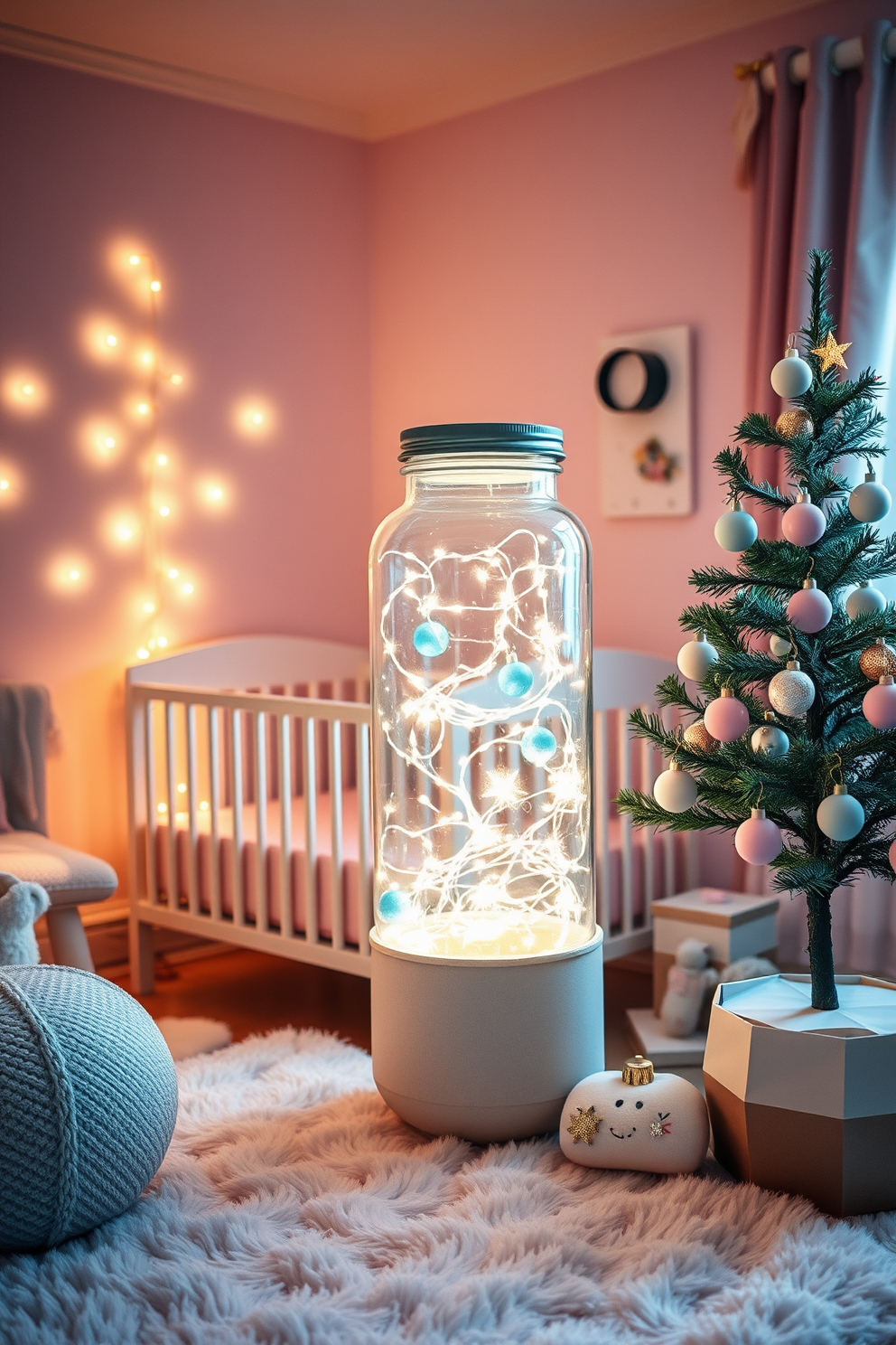 A cozy nursery decorated for Christmas, featuring a large glass jar filled with soft fairy lights that create a warm glow. The room is adorned with festive ornaments, including a small tree decorated with pastel-colored baubles and a plush rug that adds comfort underfoot.