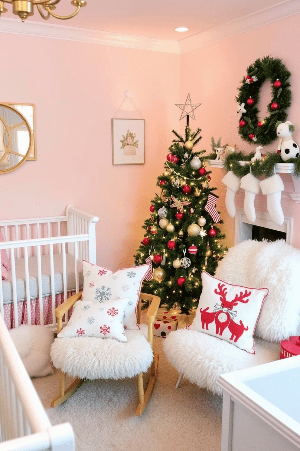 A cozy nursery filled with festive cheer. The room features a soft pastel color palette, with decorative pillows adorned in holiday motifs like snowflakes and reindeer scattered across a plush rocking chair. A beautifully decorated Christmas tree stands in the corner, adorned with colorful ornaments and twinkling lights. Stockings hang from a whimsical mantel, complementing the overall festive atmosphere of the nursery.