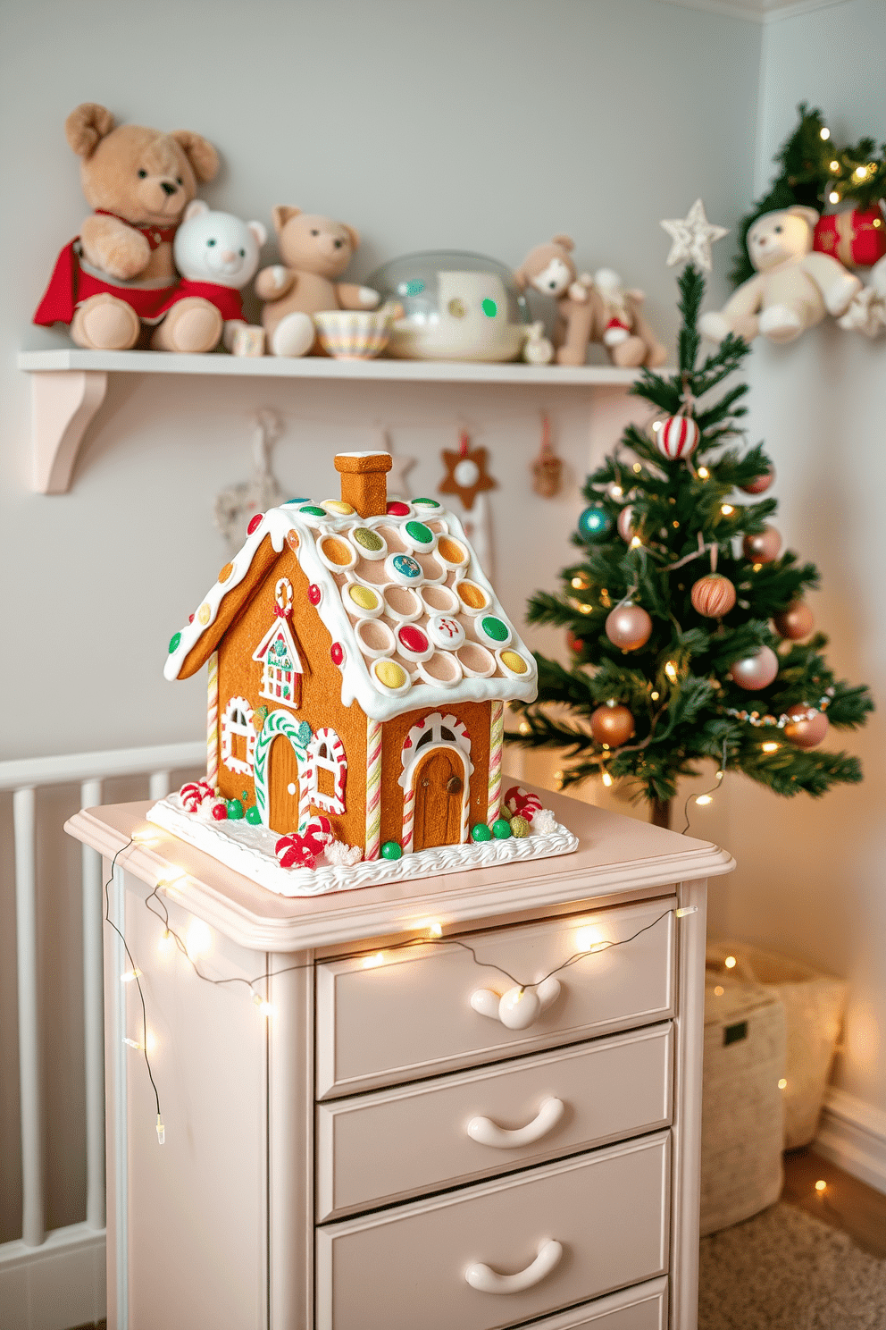 A whimsical gingerbread house sits on a charming dresser, adorned with colorful icing and candy decorations. The dresser, painted in soft pastel hues, complements the festive theme with twinkling fairy lights draped around it. The nursery is transformed into a cozy Christmas wonderland, featuring a small tree decorated with handmade ornaments. Plush toys and festive garlands adorn the shelves, creating a warm and inviting atmosphere perfect for the holiday season.