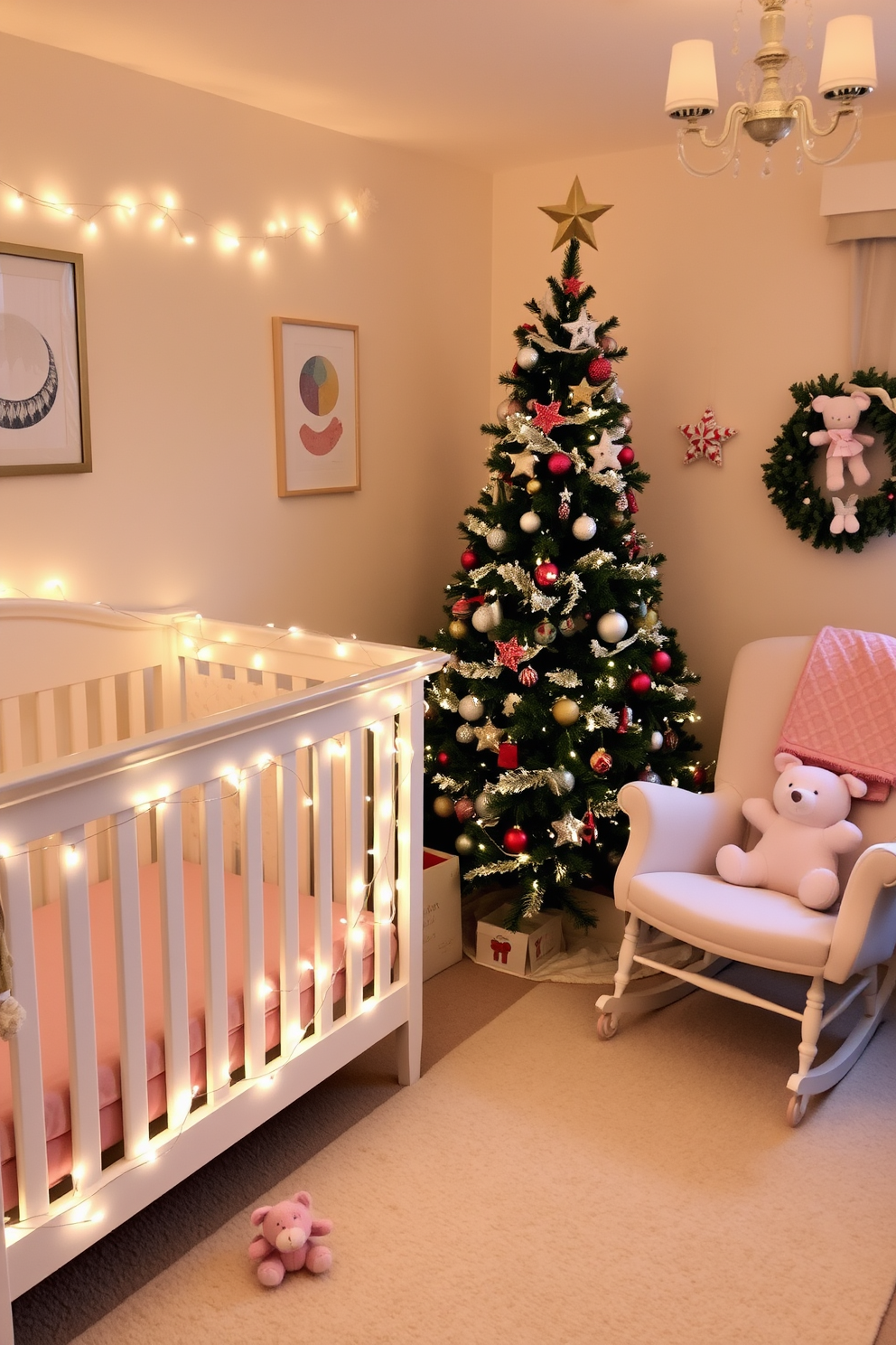 A cozy nursery adorned with twinkle lights delicately draped along the edge of a white crib, casting a warm glow throughout the room. Soft, pastel-colored walls complement the festive decorations, creating a serene atmosphere perfect for a baby's first Christmas. A beautifully decorated Christmas tree stands in one corner, adorned with tiny ornaments and a star on top, while plush toys and festive accents are scattered around the room. A comfortable rocking chair sits nearby, inviting parents to relax and enjoy the holiday spirit with their little one.