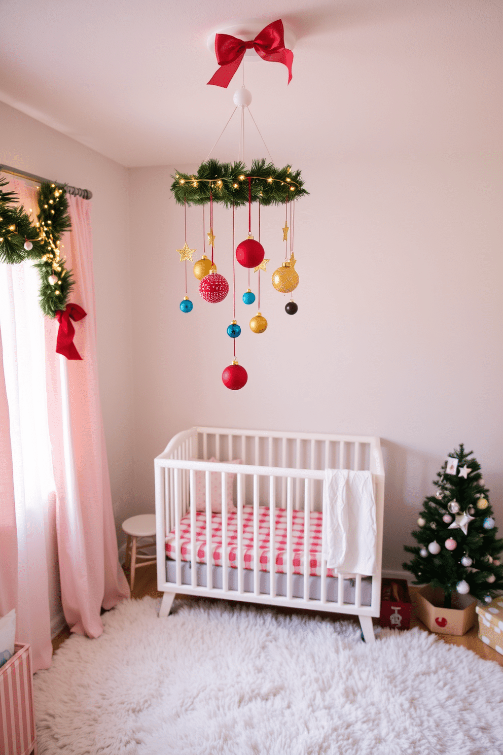 A whimsical nursery adorned for Christmas, featuring a festive mobile hanging from the ceiling, decorated with colorful ornaments and twinkling stars. Soft pastel walls create a cozy backdrop, while a plush area rug adds warmth to the space, inviting playful moments.