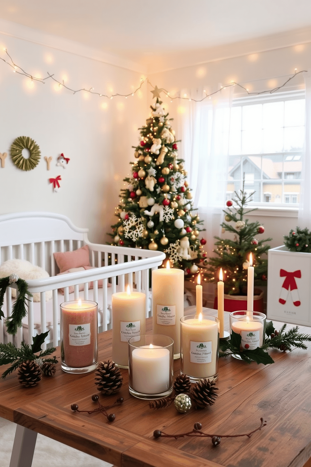 A cozy nursery adorned for the holidays, featuring a soft, pastel color palette with twinkling fairy lights strung across the ceiling. A beautifully decorated Christmas tree stands in one corner, surrounded by plush toys and holiday-themed ornaments, creating a warm and inviting atmosphere. A collection of holiday candles in festive scents, arranged on a rustic wooden table. Each candle is housed in a unique holder, with seasonal decorations like pinecones and holly surrounding them, filling the space with a delightful aroma of cinnamon and pine.