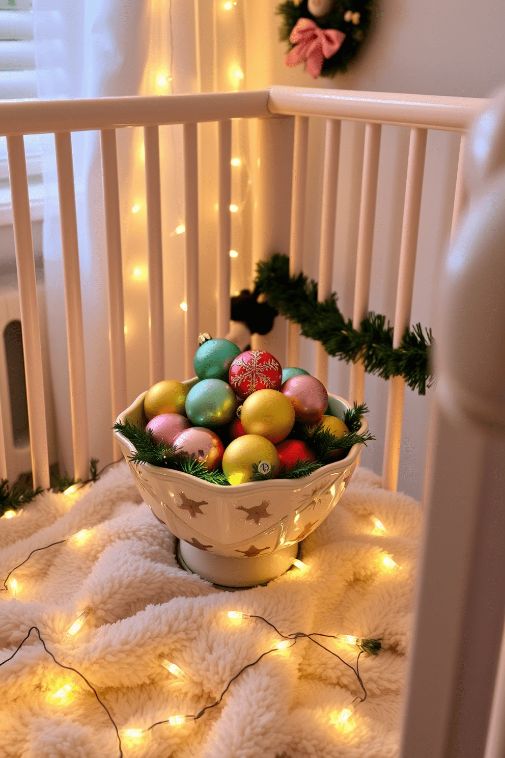 A charming nursery decorated for Christmas features a whimsical display of brightly colored ornaments nestled in a decorative bowl. The bowl sits atop a soft, plush blanket, surrounded by twinkling fairy lights that add a magical glow to the space.