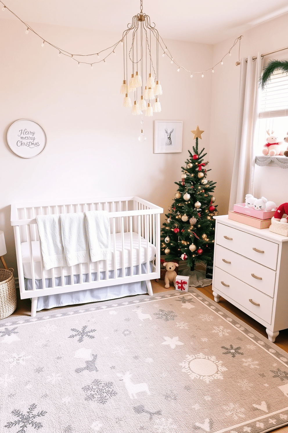 A cozy nursery adorned for the holidays, featuring a soft, holiday-themed area rug that adds warmth and charm to the space. The rug showcases playful patterns of snowflakes and reindeer, complementing the pastel color palette of the nursery. Delicate ornaments and twinkling lights hang from a small Christmas tree placed in the corner, creating a magical atmosphere. Plush toys and festive decorations are carefully arranged on shelves, enhancing the joyful spirit of the season.