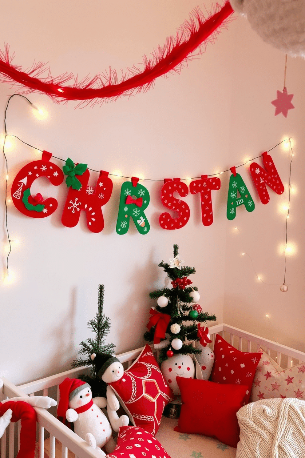 A personalized name banner with a Christmas theme features vibrant red and green colors, adorned with festive patterns like snowflakes and ornaments. The letters are crafted from felt and hang from a string of twinkling fairy lights, creating a warm and cheerful atmosphere. For nursery Christmas decorating ideas, the space is filled with soft, plush toys dressed in holiday attire, alongside a beautifully decorated mini Christmas tree. Twinkling stars and gentle snowflakes are hung from the ceiling, while a cozy reading nook is adorned with festive cushions and blankets, inviting warmth and joy.