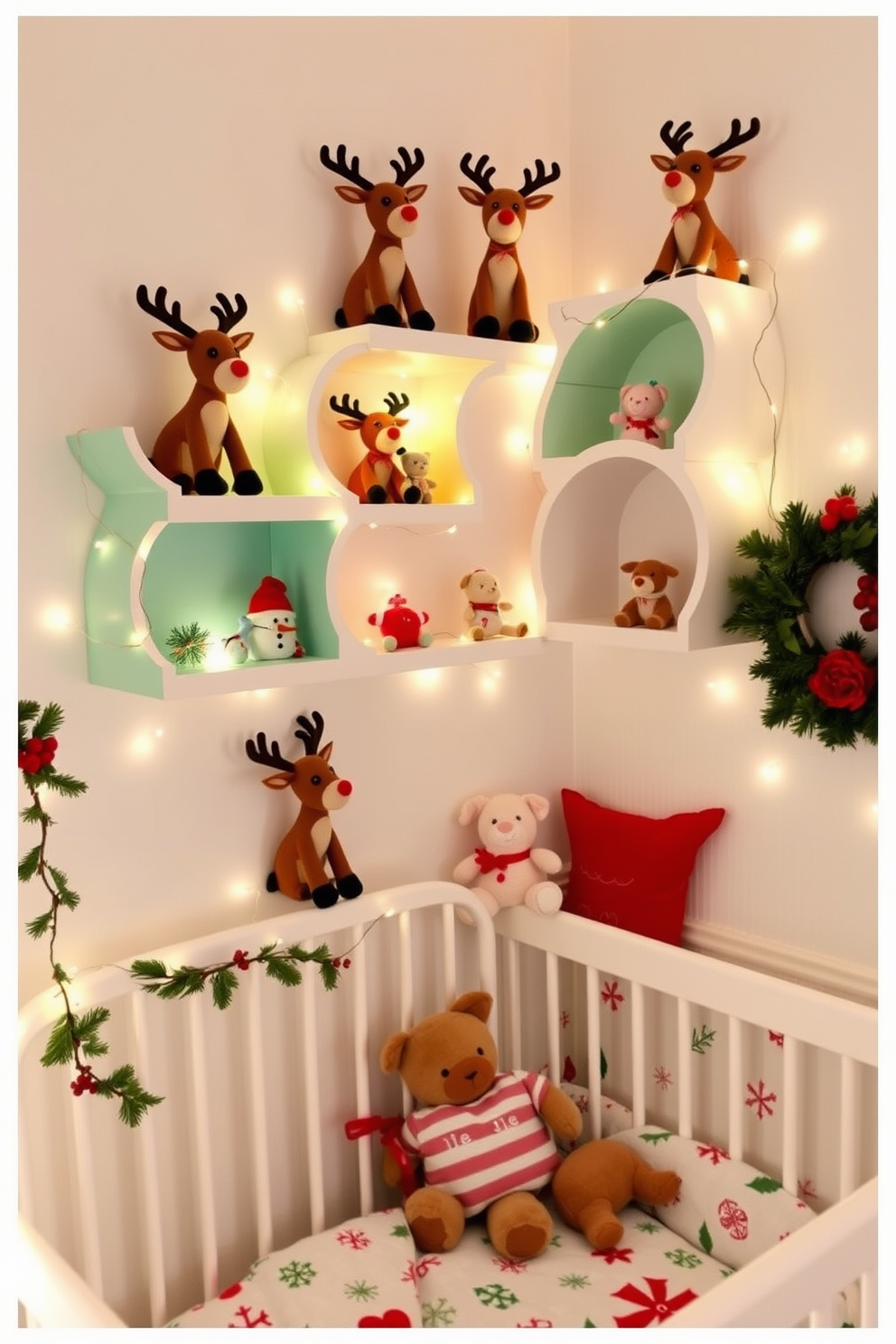 Cute reindeer figurines are artfully arranged on whimsical shelves, each one uniquely designed with playful colors and textures. The shelves are adorned with soft fairy lights, creating a warm and inviting glow perfect for a nursery during the festive season. The nursery is decorated with cheerful Christmas motifs, featuring a cozy corner with plush toys and holiday-themed bedding. Delicate garlands of pine and red berries drape along the walls, enhancing the magical atmosphere of this festive space.