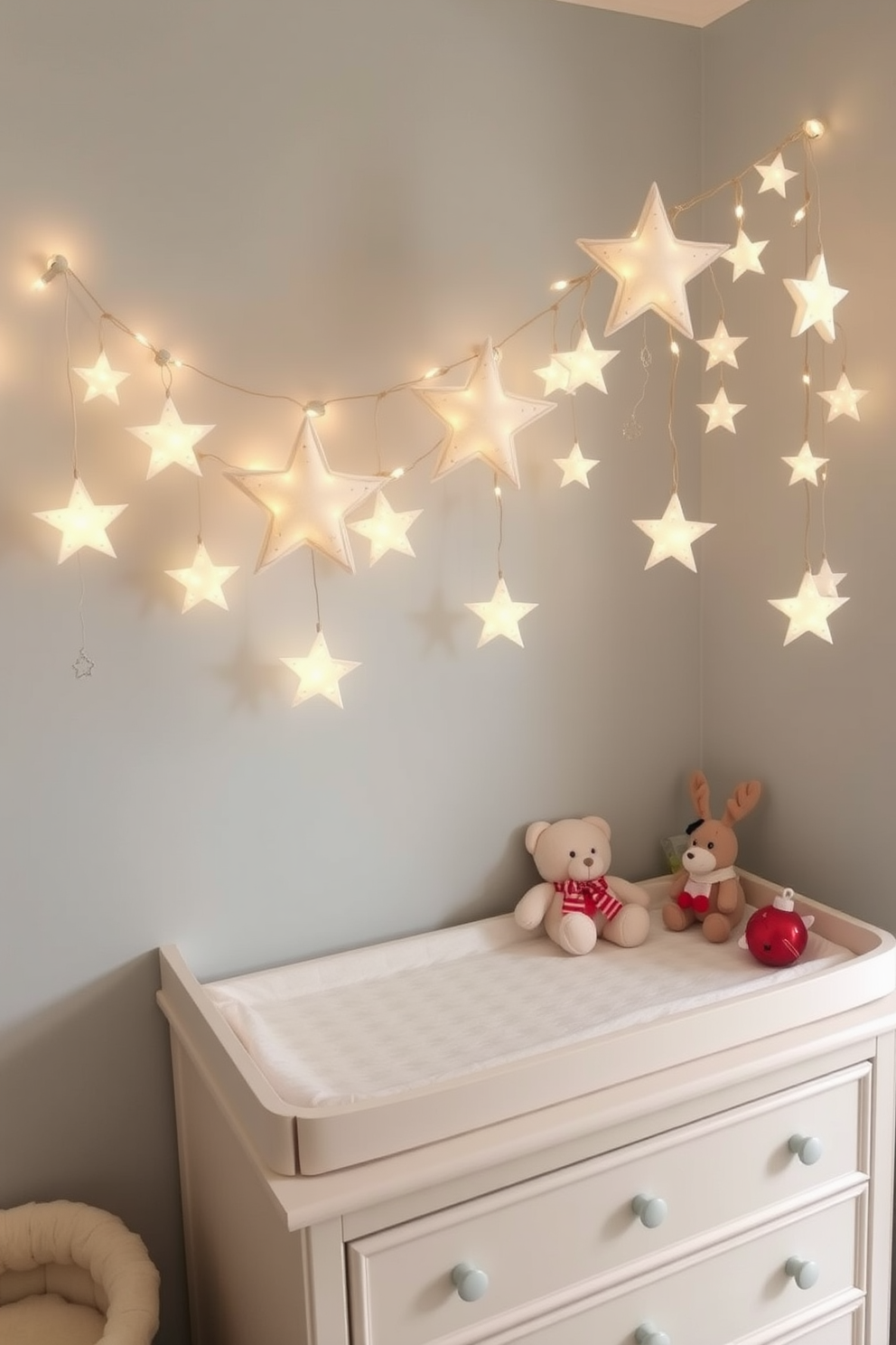 A whimsical star garland drapes gracefully above a cozy changing table, adding a playful touch to the nursery. Soft, twinkling lights illuminate the stars, creating a magical ambiance perfect for the holiday season. The changing table is adorned with festive decorations, featuring plush toys and holiday-themed accents. A gentle color palette of pastel hues complements the Christmas spirit, making the nursery a delightful retreat for both baby and parents.