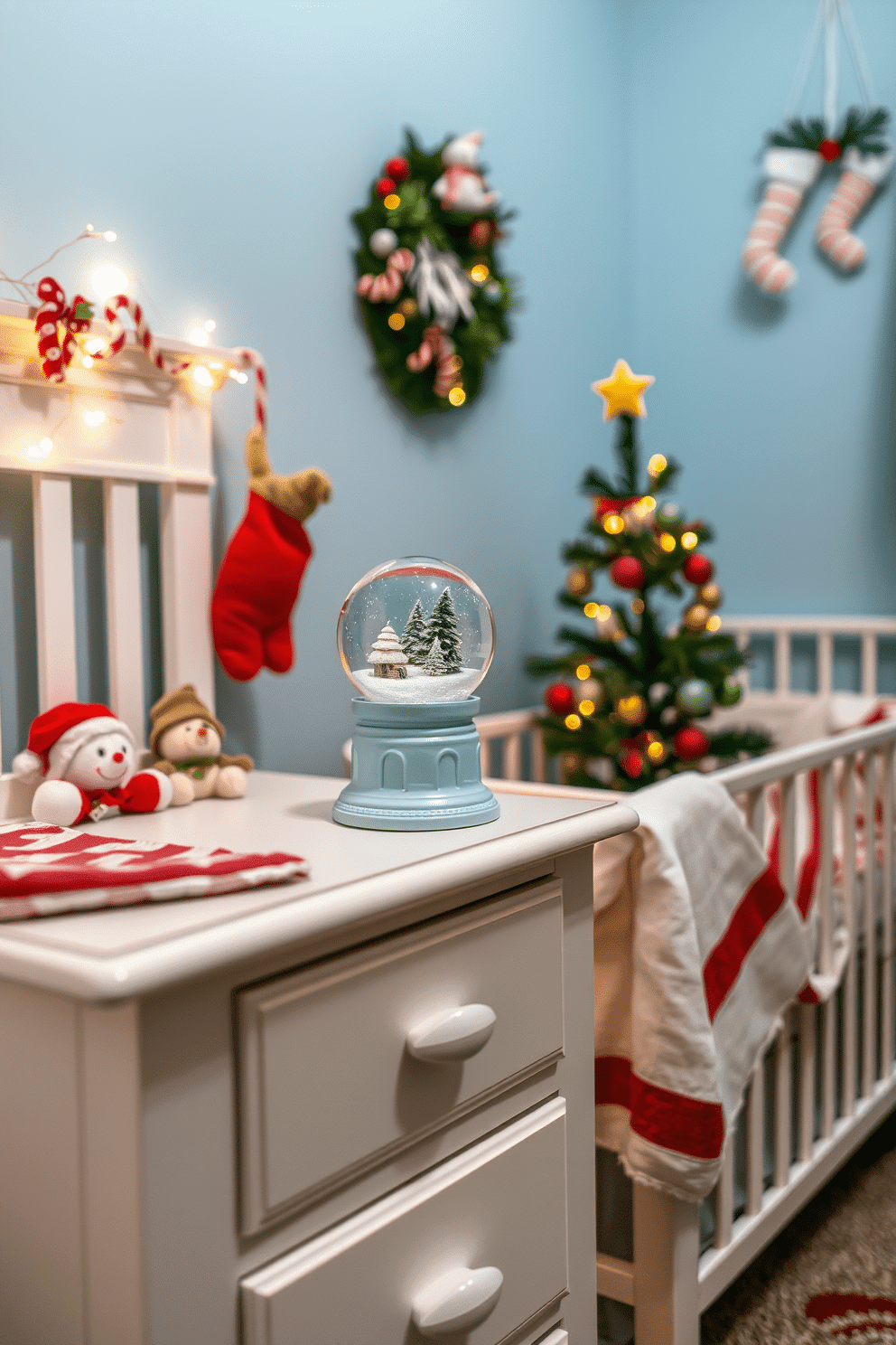 A charming nursery scene featuring a mini snow globe on the nightstand, capturing a serene winter landscape inside. The nightstand is painted in soft pastel colors, and the room is adorned with whimsical Christmas decorations, including twinkling fairy lights and plush toys dressed in festive attire. The walls are painted in a gentle shade of blue, complemented by a cozy crib draped with a festive red and white blanket. A small Christmas tree sits in the corner, decorated with colorful ornaments and topped with a star, creating a warm and inviting holiday atmosphere.