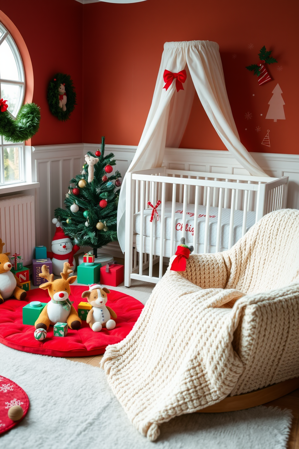 A festive play area filled with colorful Christmas-themed toys, including plush reindeer, snowmen, and holiday-themed building blocks. The space features a soft, red play mat and a small Christmas tree adorned with miniature ornaments, creating a joyful and inviting atmosphere for children. The nursery is beautifully decorated for Christmas, showcasing a cozy crib draped with a soft, white canopy. Adorning the walls are cheerful holiday-themed decals, and a plush rocking chair sits nearby, wrapped in a warm, knitted blanket, perfect for reading bedtime stories during the festive season.