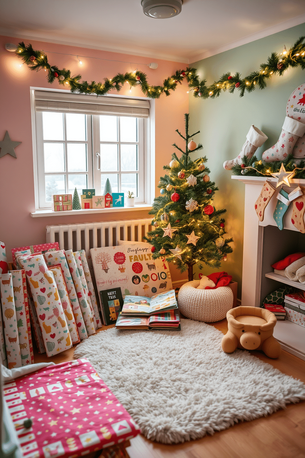 A vibrant nursery filled with colorful wrapping paper, featuring playful patterns of animals and stars, is neatly arranged around a cozy reading nook. Soft pastel colors dominate the walls, while a plush rug adds warmth to the space, inviting children to explore their favorite books. The nursery is adorned with whimsical Christmas decorations, including a small tree decorated with handmade ornaments and twinkling fairy lights. Stockings hang from a cheerful mantel, and festive garlands drape across the windows, creating a magical holiday atmosphere.