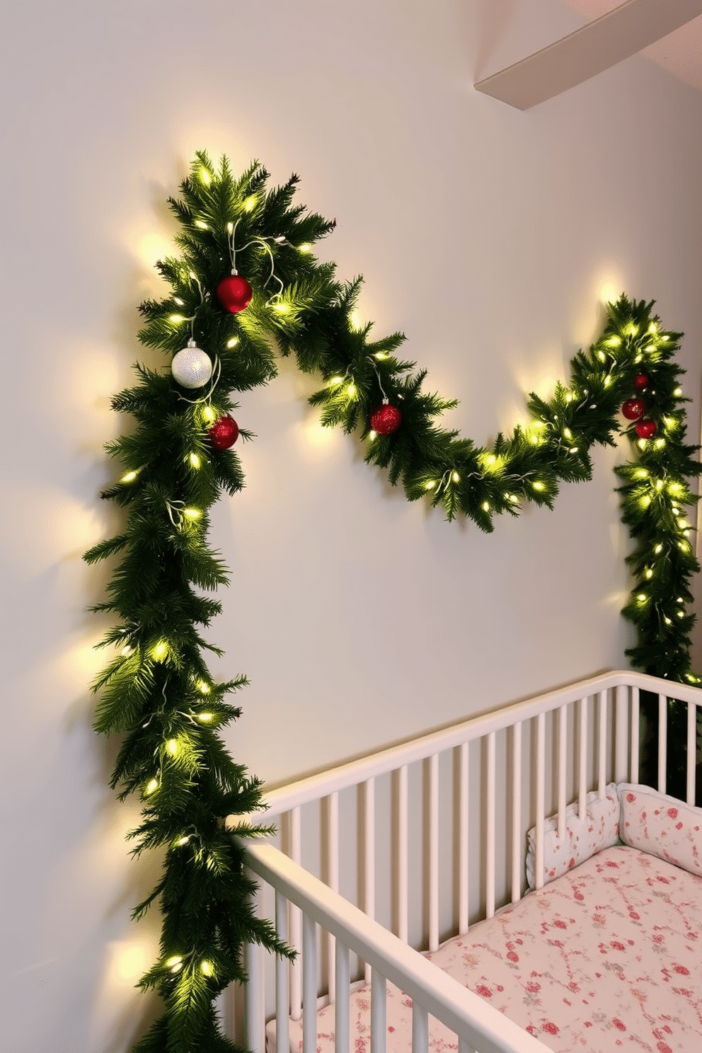 A charming nursery adorned with a festive garland draped elegantly across the wall. The garland is adorned with twinkling lights and colorful ornaments, creating a warm and inviting holiday atmosphere.