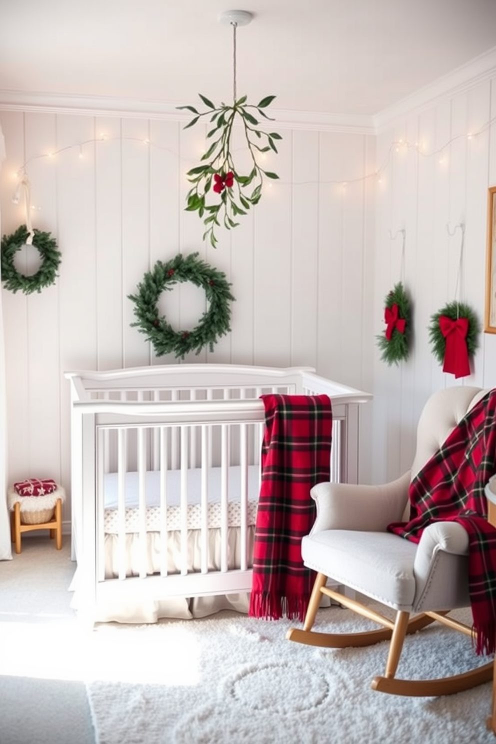 A cozy nursery adorned with festive charm. Soft white walls provide a serene backdrop, while a gentle glow from string lights enhances the holiday spirit. Above the crib, delicate mistletoe hangs, adding a touch of tradition and whimsy. A plush rocking chair sits in the corner, draped with a red and green plaid blanket, inviting quiet moments of joy.