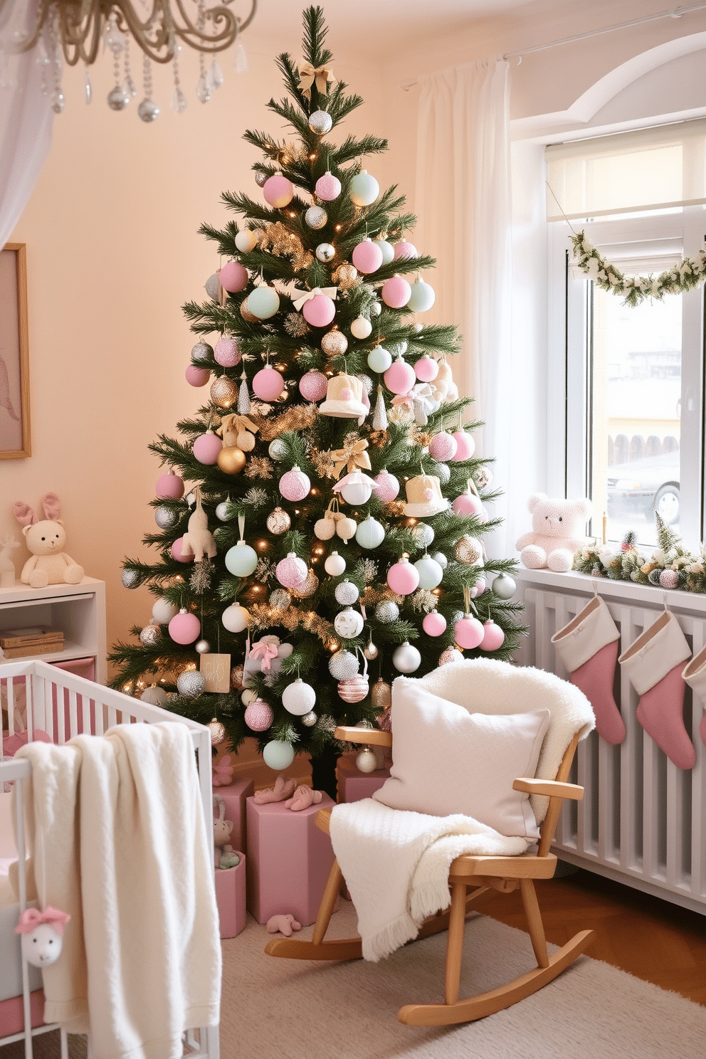 A whimsical nursery adorned with soft pastel Christmas tree ornaments. Delicate pink, mint green, and lavender baubles hang gracefully from a beautifully decorated tree, surrounded by plush toys and twinkling fairy lights. The room is filled with festive cheer, featuring a cozy rocking chair draped with a soft, white throw blanket. Stockings in coordinating pastel colors are hung by the window, adding a touch of warmth to the holiday decor.