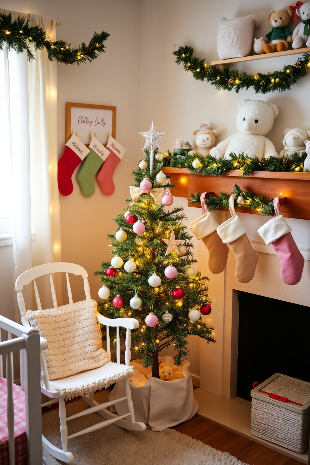 A charming nursery corner adorned with a miniature Christmas tree, decorated with soft pastel ornaments and twinkling fairy lights. The tree is nestled beside a cozy rocking chair, creating a warm and inviting atmosphere perfect for holiday storytelling. Colorful stockings hang from a wooden mantel, each personalized with the child's name, adding a festive touch to the room. Plush toys and festive garlands drape across the shelves, enhancing the cheerful, whimsical vibe of the nursery.