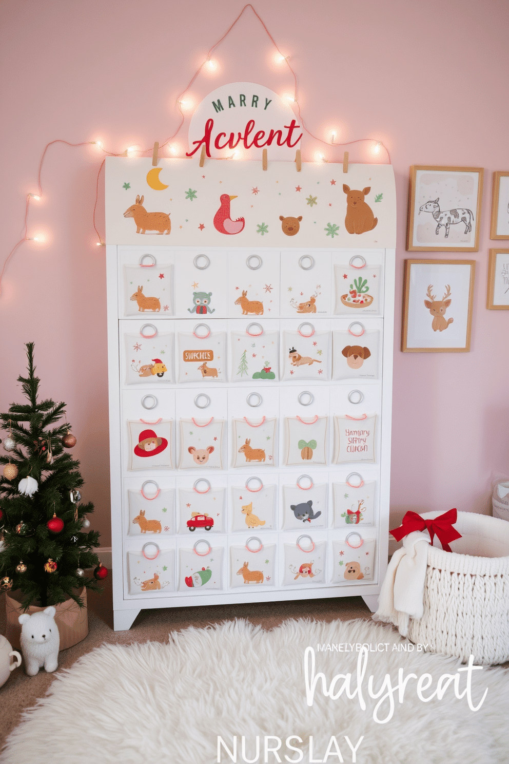 A whimsical advent calendar designed for a nursery, featuring colorful illustrations of animals and festive elements. The calendar is adorned with pockets for small surprises, all set against a soft pastel backdrop. Charming nursery Christmas decorating ideas that include twinkling fairy lights and a cozy, plush rug. The space is enhanced with seasonal artwork, cheerful ornaments, and a small tree adorned with handmade decorations.