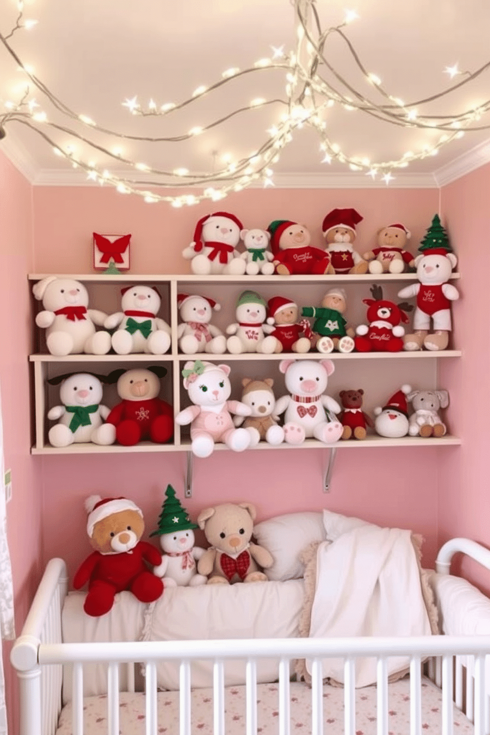 A cozy nursery filled with festive cheer, showcasing shelves adorned with an assortment of Christmas-themed plush toys in various shapes and sizes. The walls are painted in soft pastel colors, and twinkling fairy lights hang above, creating a warm and inviting atmosphere.