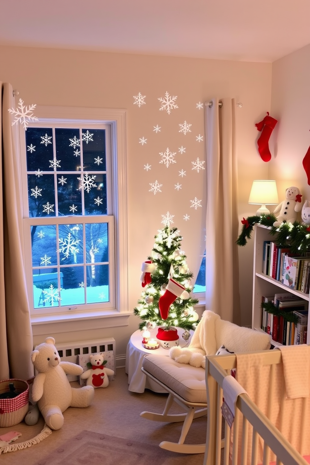 A cozy nursery adorned with whimsical snowflake window decals, creating a winter wonderland atmosphere. Soft, pastel colors dominate the room, with plush toys and a comfortable rocking chair nestled in the corner. Festive Christmas decorations bring warmth and joy to the nursery, featuring a small, decorated tree with twinkling lights. Stockings hang from a shelf filled with children's books, while a gentle glow from a nearby lamp adds to the enchanting holiday ambiance.