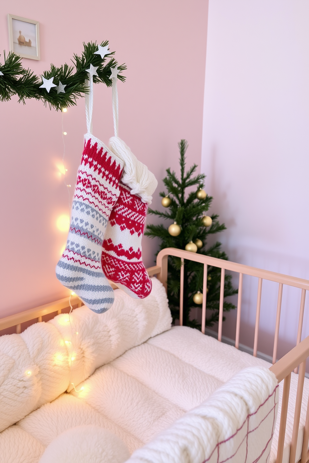 A cozy nursery adorned for Christmas features soft, pastel-colored walls that create a warm atmosphere. By the crib, two hand-knit stockings are hung with care, each embellished with festive patterns and textures. The crib is draped with a fluffy white blanket, and a gentle glow emanates from a nearby string of fairy lights. A small pine tree, decorated with delicate ornaments, adds a touch of holiday cheer to the corner of the room.