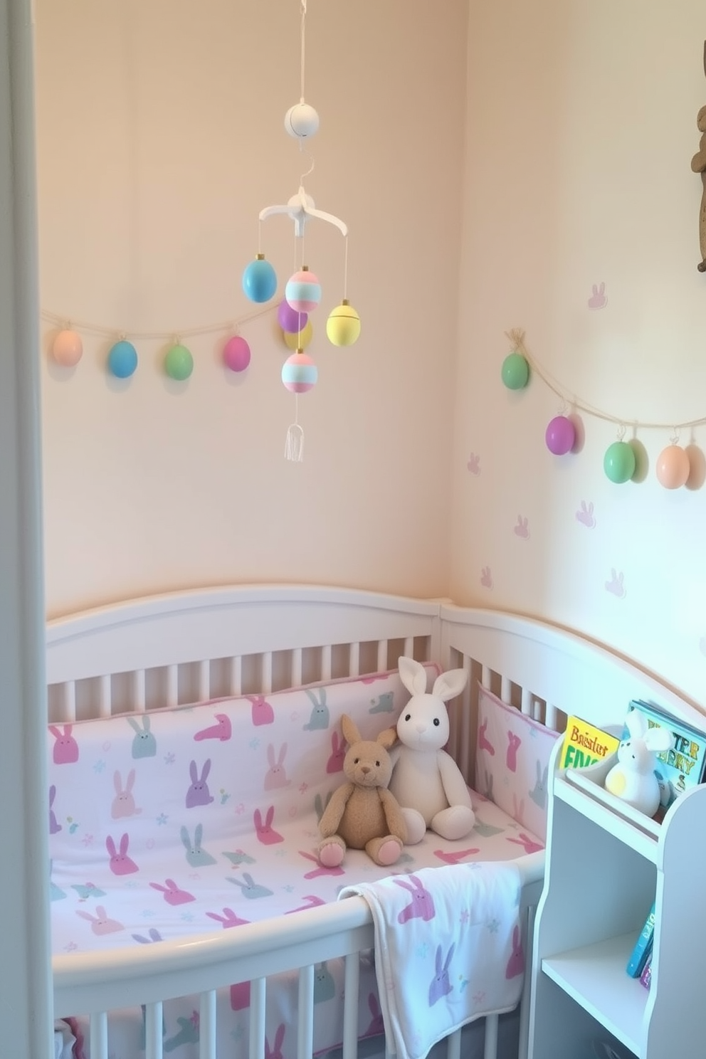 A cozy nursery decorated for Easter. The crib features a charming bunny print bedding set, with a soft pastel color palette of pinks, blues, and yellows. Above the crib, a mobile with hanging Easter eggs and bunnies gently sways. The walls are adorned with bunny-themed decals and a garland of pastel-colored Easter eggs. A plush bunny toy sits in the corner of the crib, and a small bookshelf holds Easter-themed storybooks. The room is lit by a soft, warm glow from a bunny-shaped nightlight.