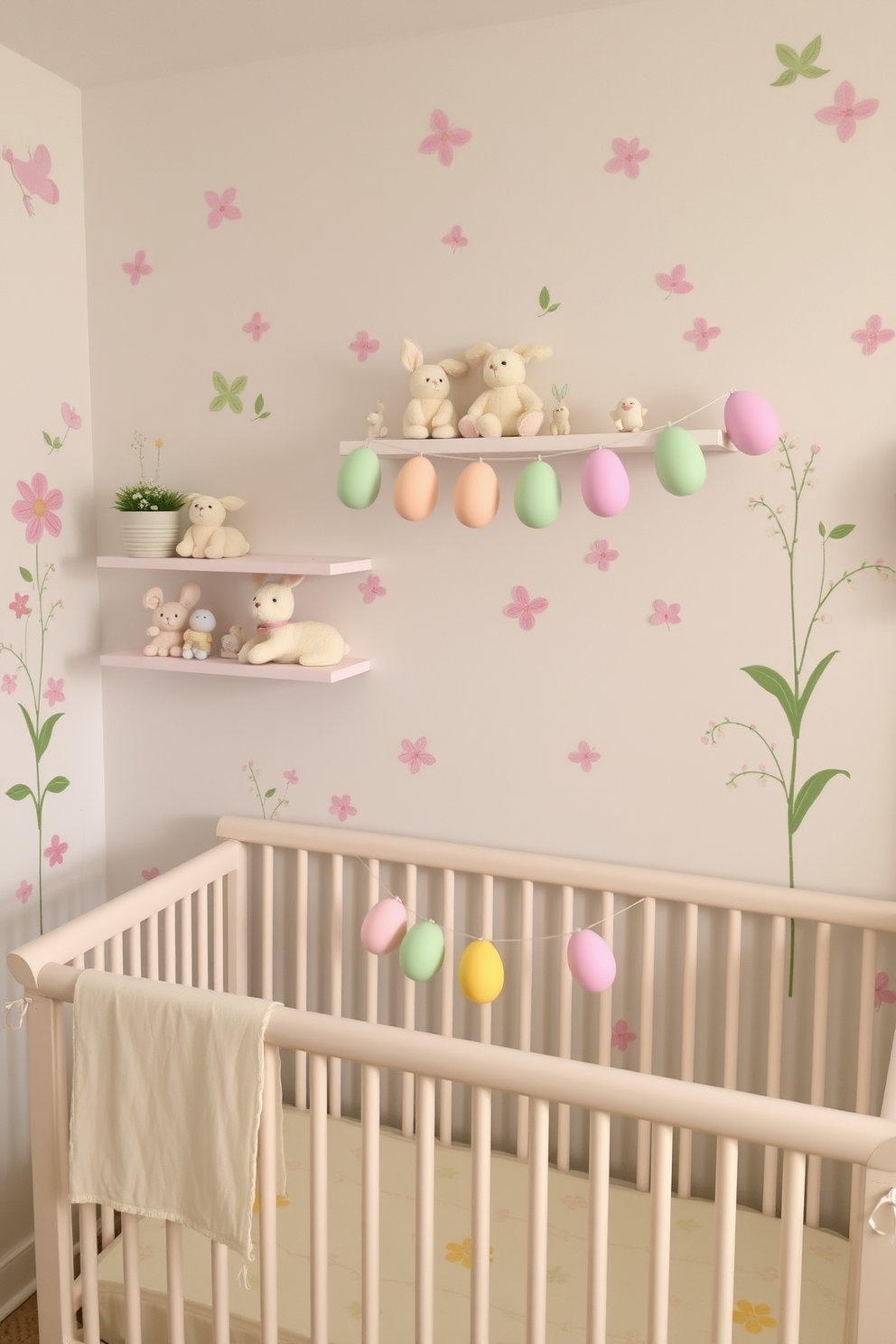 A nursery adorned with spring-themed wall decals. The walls feature pastel-colored flowers, butterflies, and birds, creating a whimsical and serene environment. Easter decorating ideas for a nursery. Soft, plush bunnies and pastel-colored Easter eggs are placed on shelves, while a garland of pastel paper eggs hangs above the crib, bringing a festive and cheerful vibe to the room.