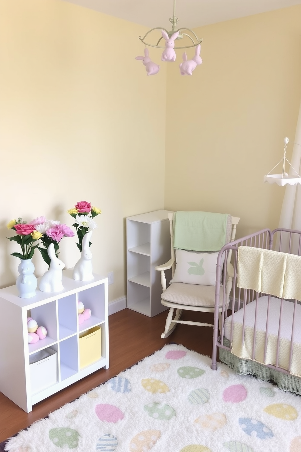 A cozy nursery decorated for Easter. Faux flower arrangements in bunny vases are placed on a white bookshelf beside a rocking chair. The walls are painted a soft pastel yellow, and a plush rug with Easter egg patterns covers the floor. A crib with a light green blanket sits against one wall, with a mobile of pastel bunnies hanging above.