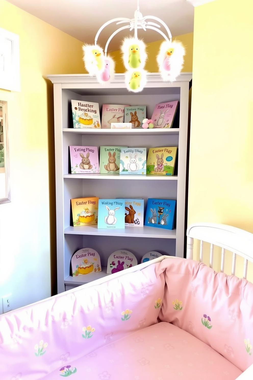 A cozy nursery adorned with soft pastel colors. A white bookshelf displays a collection of Easter-themed storybooks, each cover featuring bunnies, eggs, and spring flowers, adding a whimsical touch to the room. The crib is decorated with a light pink quilt featuring embroidered Easter eggs and bunnies. Above the crib, a mobile of pastel-colored eggs and fluffy chicks gently sways, creating a soothing atmosphere for the baby.