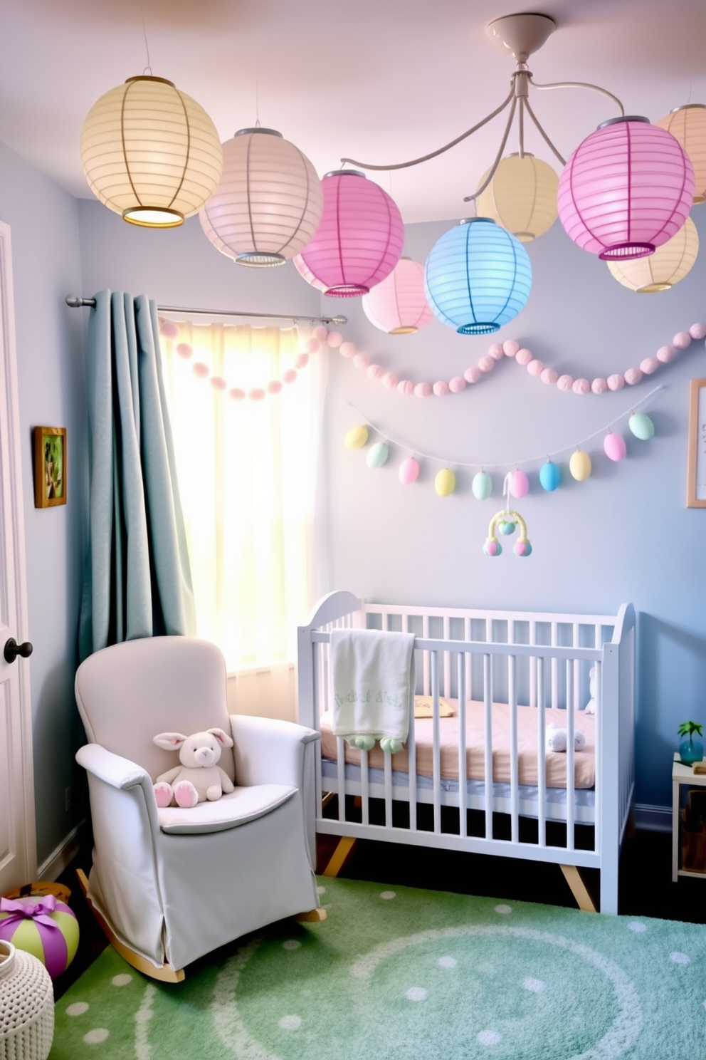 A cozy nursery adorned with pastel-colored lanterns hanging from the ceiling, casting a soft, warm glow over the room. The walls are painted in a light, soothing blue, and a white crib with a mobile of gentle pastel shapes sits in the corner. Easter decorations in the nursery include a garland of pastel-colored eggs draped across the window. A plush bunny sits on a rocking chair, and a soft, green rug with white polka dots covers the floor, creating a festive and welcoming atmosphere.