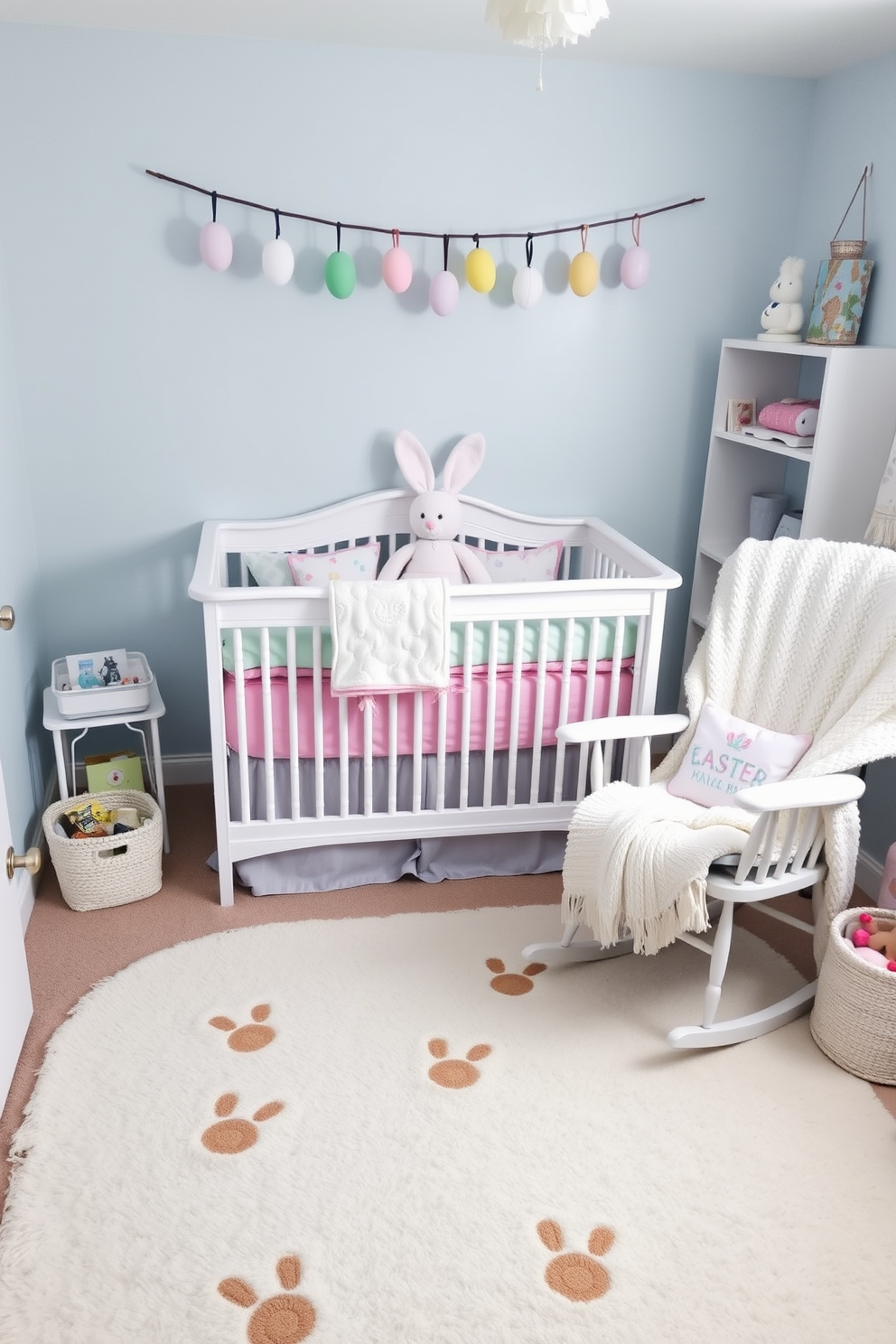 A whimsical nursery decorated for Easter. Bunny footprints lead to a white crib adorned with pastel-colored bedding and a plush bunny toy. The walls are painted a soft, sky blue, and a garland of Easter eggs hangs above the crib. A rocking chair with a cozy, knitted blanket sits in the corner, and a small bookshelf is filled with children's books and Easter-themed decorations.