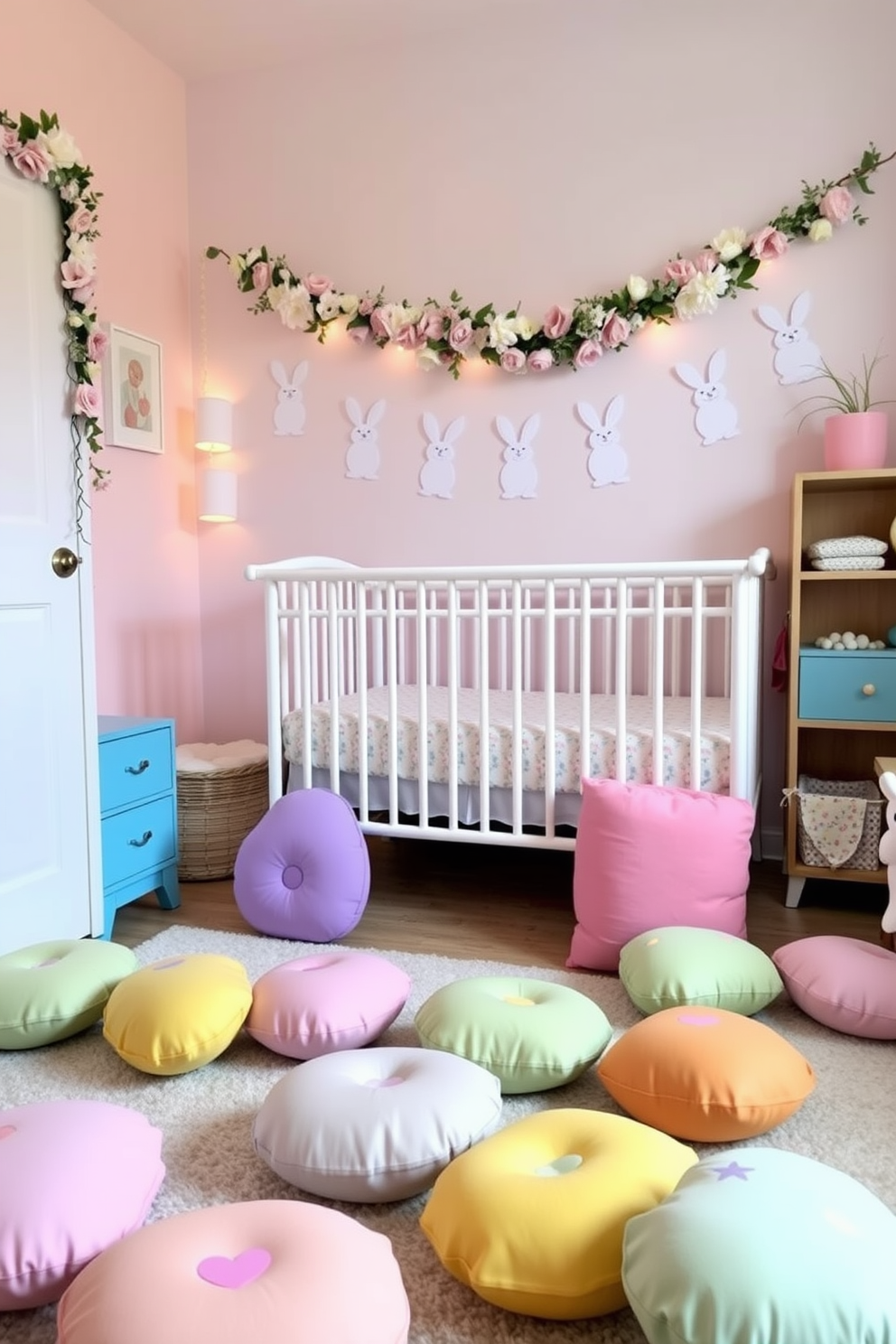 A cozy nursery filled with colorful egg-shaped cushions scattered across the floor. The walls are adorned with pastel hues, and Easter-themed decorations, such as bunny decals and floral garlands, create a playful and festive atmosphere.