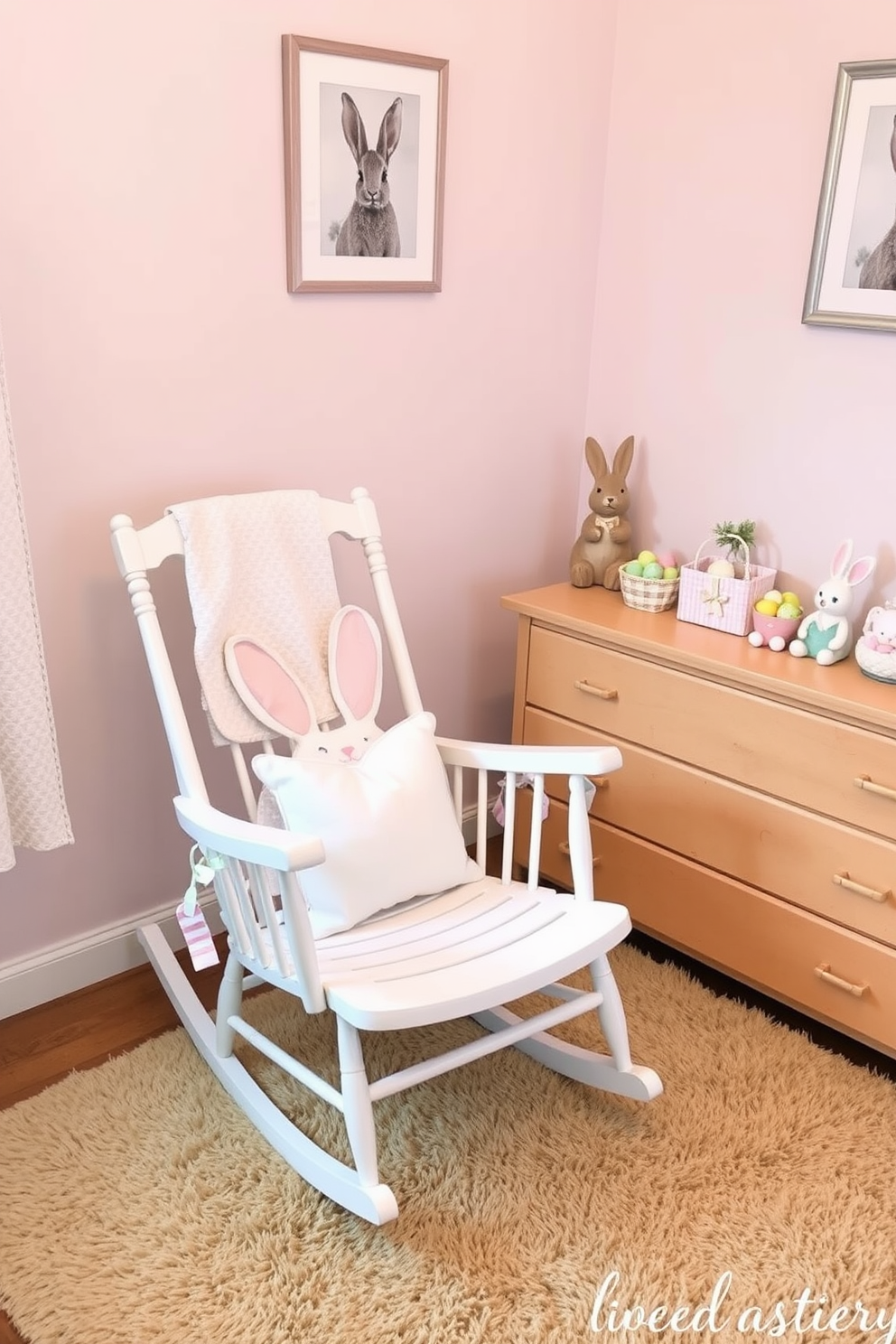 A cozy nursery decorated for Easter, featuring a white rocking chair adorned with bunny-shaped pillows. The walls are painted in a soft pastel color, and the floor is covered with a fluffy beige rug. On a nearby dresser, there's a collection of Easter-themed decorations, including a ceramic bunny and a basket filled with colorful eggs. Above the dresser, a framed picture of a bunny adds a whimsical touch to the room.