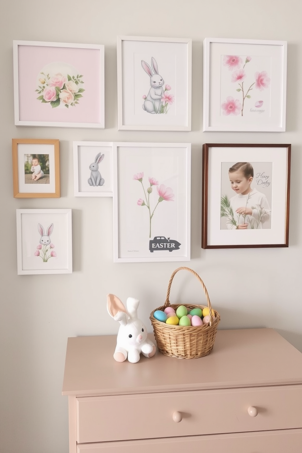 For a nursery gallery wall, swap out the art seasonally to keep the space fresh and engaging. In spring, hang pastel-colored prints with floral themes, while in winter, switch to cozy, snowy scenes and festive holiday artwork. For Easter decorating ideas in a nursery, incorporate soft pastel hues like pink, lavender, and mint green. Add bunny-themed decor, such as plush toys and wall decals, and place a whimsical Easter basket filled with colorful eggs and small toys on a shelf or dresser.