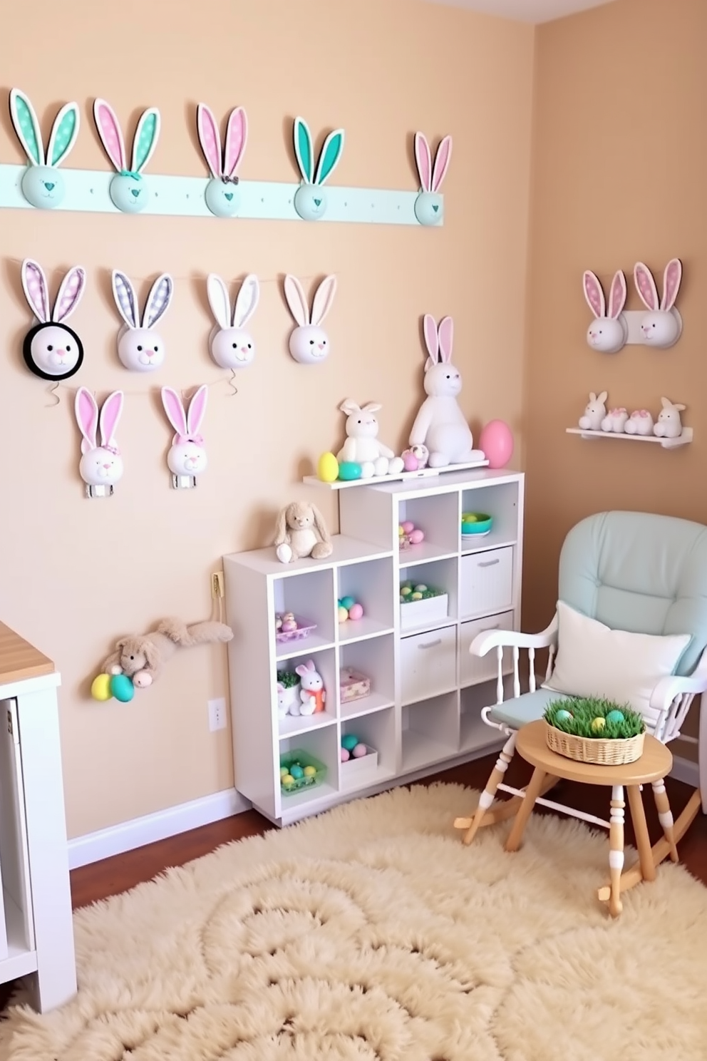 A cozy nursery adorned with bunny ears headbands displayed on pastel-colored hooks. The walls are painted in a soft, warm beige, and the floor is covered with a plush, cream-colored rug. Easter decorations include a variety of stuffed bunnies and colorful Easter eggs placed on white shelving units. A rocking chair with a light blue cushion sits in the corner, next to a small wooden table with a basket of faux grass and chocolate eggs.