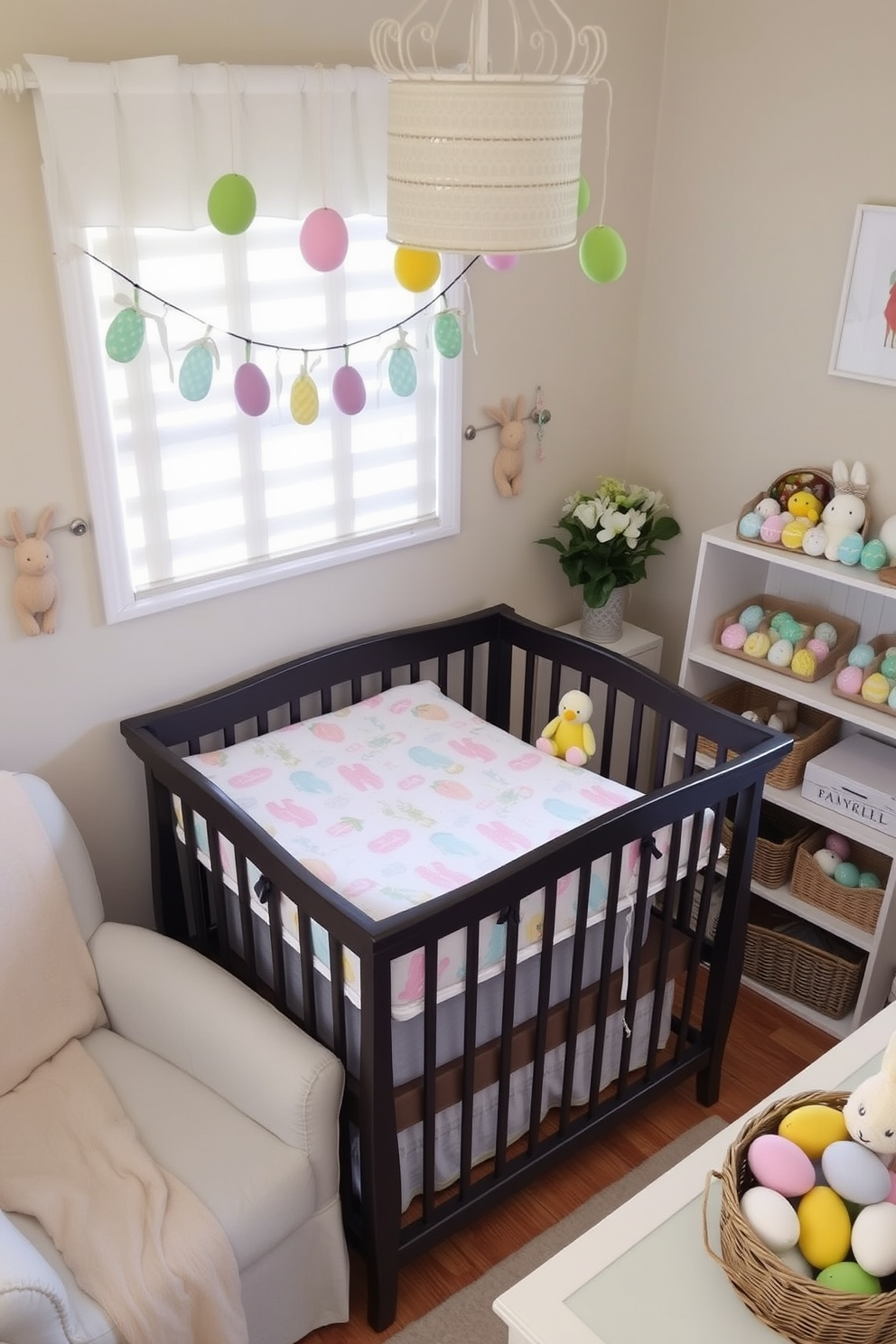 A charming nursery decorated for Easter. The changing pad cover features a pastel-colored pattern with adorable bunny and egg motifs, adding a festive touch to the room. The nursery is adorned with Easter-themed decor, including a garland of colorful eggs and bunnies hanging above the crib. Soft, plush toys of chicks and rabbits are placed on a cozy rocking chair, while a basket filled with decorative Easter eggs sits on a shelf.