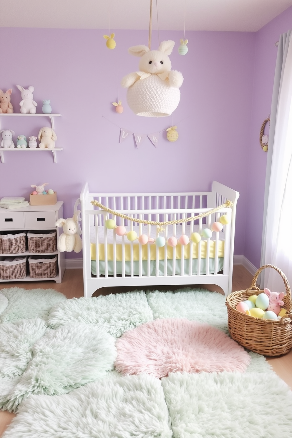 A cozy nursery adorned with soft, fluffy rugs in pastel colors, creating a warm and inviting atmosphere. The walls are painted in a gentle lavender shade, and the floor is covered with a mix of mint green, baby blue, and blush pink rugs, providing a soft play area for the baby. Easter-themed decorations bring a festive touch to the nursery, with pastel-colored bunnies and eggs placed on shelves and hanging from the ceiling. A white crib with a pastel yellow bedding set is accented by a garland of pastel Easter eggs, while a wicker basket filled with plush Easter toys sits nearby.