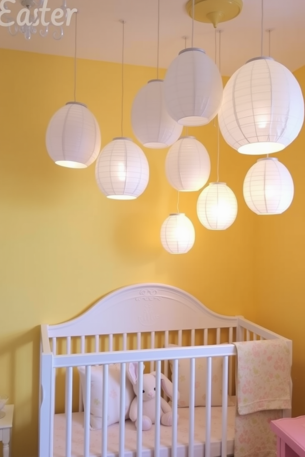 A cozy nursery filled with the charm of Easter. Hanging from the ceiling are delicate paper lanterns shaped like eggs, casting a soft, warm glow over the room. The walls are painted in a pastel yellow, creating a cheerful and inviting atmosphere. Below the lanterns, a white crib with a plush bunny toy inside sits against the wall, surrounded by decorative Easter-themed pillows and blankets.