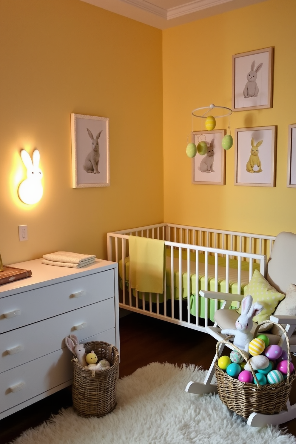 A cozy nursery decorated with an Easter theme. A bunny-shaped night light emits a soft glow on the white dresser, casting gentle shadows across the room. The walls are painted in a pastel yellow, adorned with framed prints of bunnies and chicks. A crib with a light green bedding set is placed against the wall, with a mobile of Easter eggs hanging above it. The floor is covered with a fluffy white rug, and a rocking chair sits in the corner next to a basket filled with plush bunnies and colorful Easter eggs.