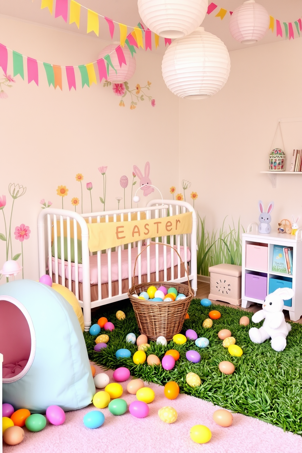 A vibrant play area set up for an Easter egg hunt. There are colorful plastic eggs hidden among soft play structures and scattered across a grassy play mat, with a large pastel-colored basket filled with more eggs in the center. Brightly colored bunting and paper lanterns hang from the ceiling, creating a festive and cheerful atmosphere. A cozy nursery decorated with charming Easter themes. The crib is adorned with a delicate bunny-themed mobile and pastel-colored bedding, while the walls feature soft, springtime murals of flowers and baby animals. A plush bunny toy sits in a rocking chair, and a small shelf displays a collection of Easter books and decorations.