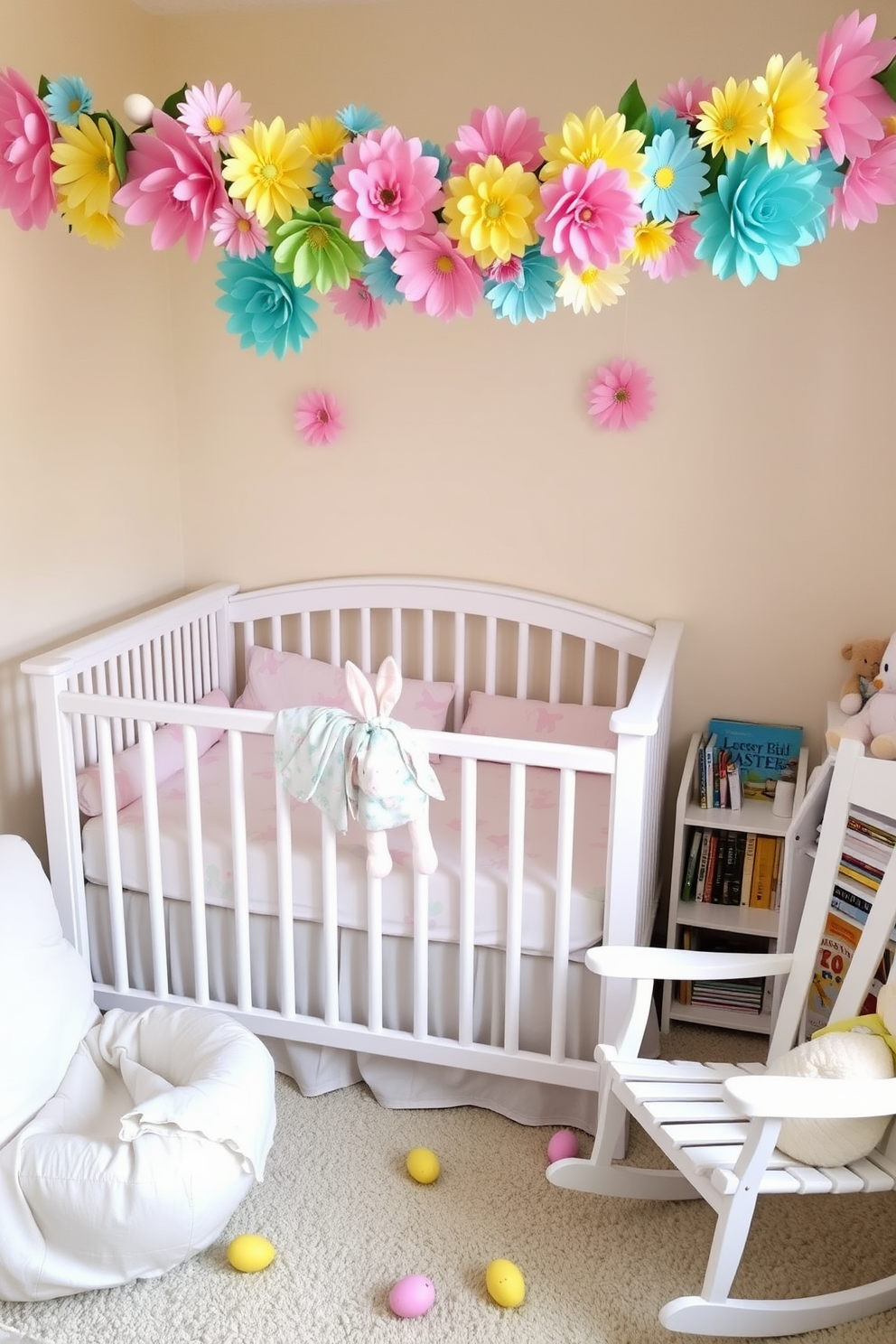 A vibrant nursery filled with Easter cheer. The walls are adorned with a colorful garland of paper flowers, draped gracefully across the top of a white crib. The crib is dressed in pastel-colored bedding, featuring soft bunny prints. A cozy rocking chair sits in the corner, with a plush bunny toy resting on its seat. Pastel-hued Easter eggs are scattered throughout the room, adding a playful touch. A small bookshelf holds an array of children's books, with a few Easter-themed tales prominently displayed.