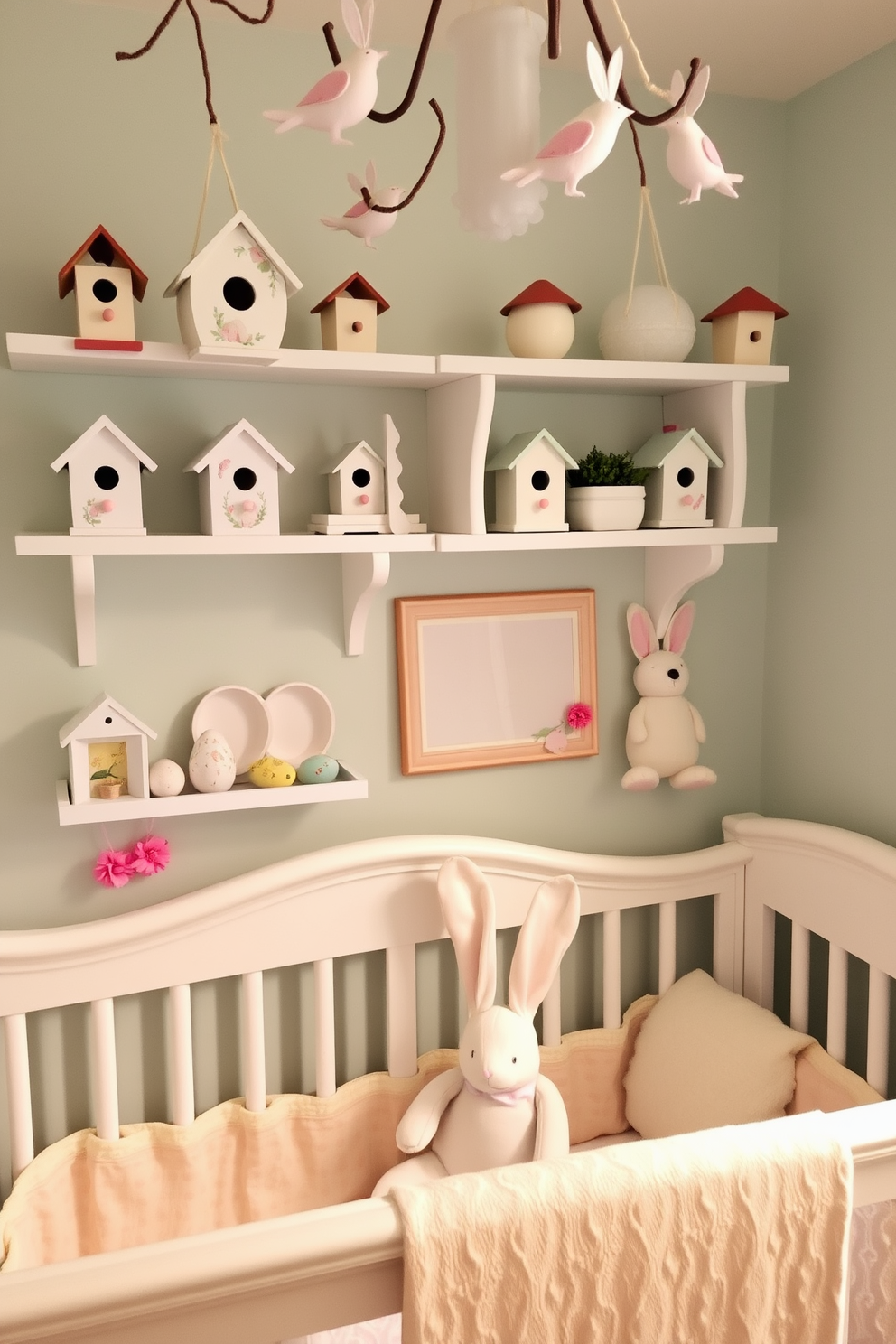 A cozy nursery filled with whimsical birdhouses as decor accents. Delicately painted birdhouses hang from the ceiling and sit on shelves, adding a playful touch to the room. Easter-themed nursery decor with soft pastel colors and bunny motifs. Decorative eggs and spring flowers adorn the shelves, while a plush bunny sits in the crib, creating a festive and inviting atmosphere.