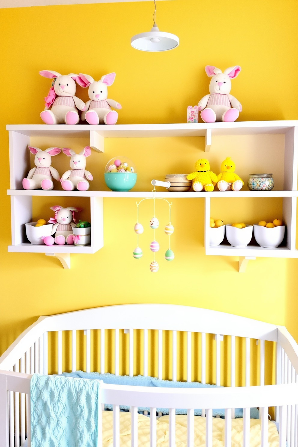 A cozy nursery decorated for Easter. Soft bunny and chick plushies sit on white wooden shelves, adding a touch of whimsy and warmth. The walls are painted a soft pastel yellow, creating a cheerful and inviting atmosphere. Below the shelves, a white crib with a light blue blanket sits against the wall, and a small Easter-themed mobile hangs above it.