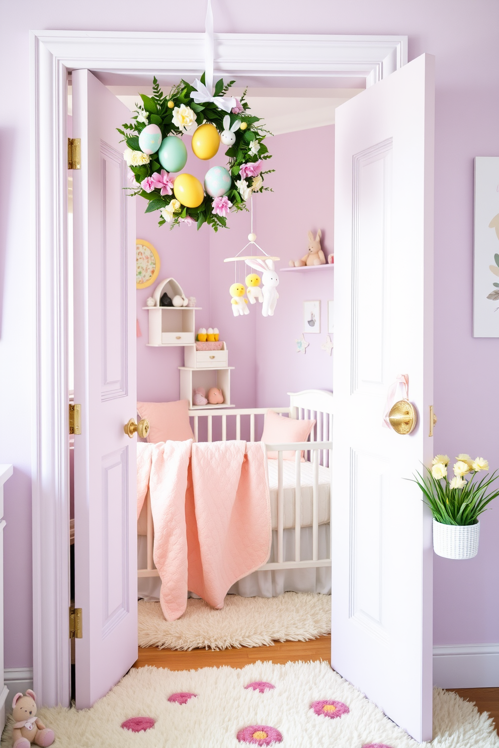 A charming nursery adorned with pastel colors and Easter-themed decorations. A floral wreath with vibrant Easter eggs hangs on the door, welcoming guests into a whimsical space filled with soft toys and bunny-themed decor. Inside, a cozy crib is draped with a light pink blanket, and above it, a mobile featuring tiny Easter bunnies and chicks gently spins. The walls are painted in a soft lavender hue, and a plush rug with a floral pattern covers the floor, creating a warm and inviting atmosphere for the little one.