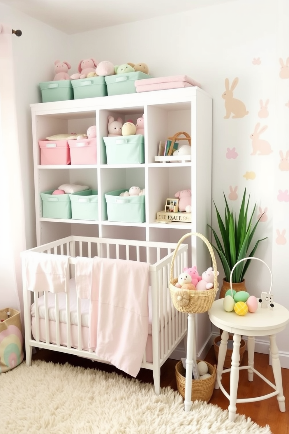 A cozy nursery with pastel-colored storage bins neatly arranged on a white shelving unit. The bins are filled with plush toys and books, adding a touch of whimsy and organization to the space, with a soft, plush rug beneath. An Easter-themed nursery decorated with soft pastel colors and bunny motifs. The room features a crib adorned with a pastel-colored mobile, Easter-themed wall decals, and a small table set with a decorative Easter basket filled with plush toys and colorful eggs.