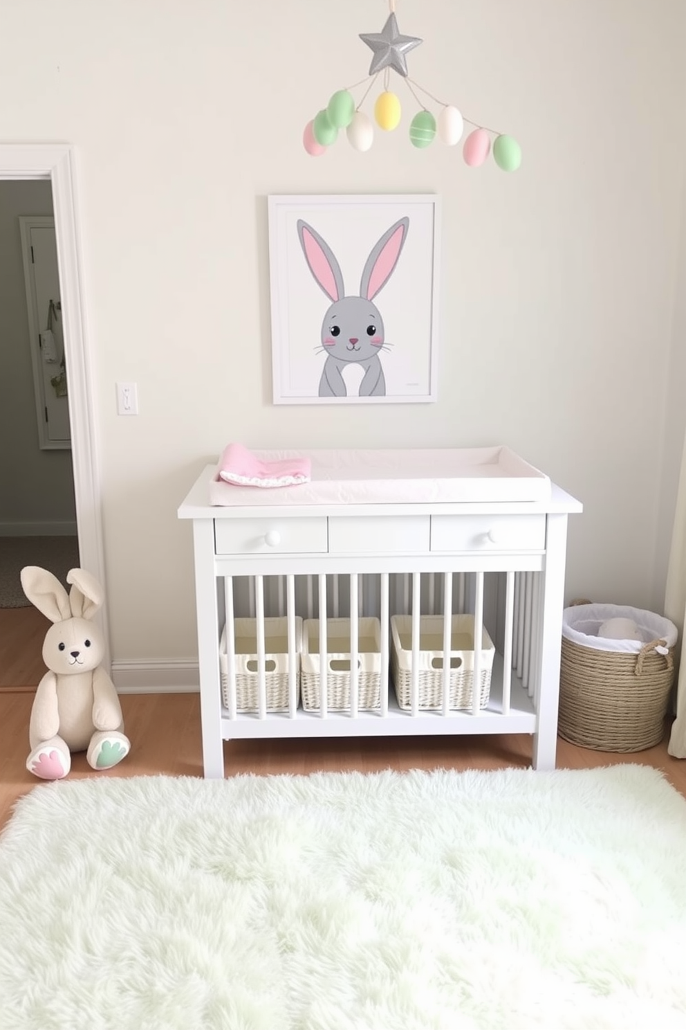 A cozy nursery featuring adorable bunny wall art positioned above a white changing table. The changing table is adorned with soft pastel-colored baskets for storage, and a plush bunny toy sits in one corner. The room is decorated with Easter-themed accents, including a garland of pastel eggs hanging above the crib. A soft, light green rug covers the floor, complementing the gentle hues of the walls, creating a serene and festive atmosphere.