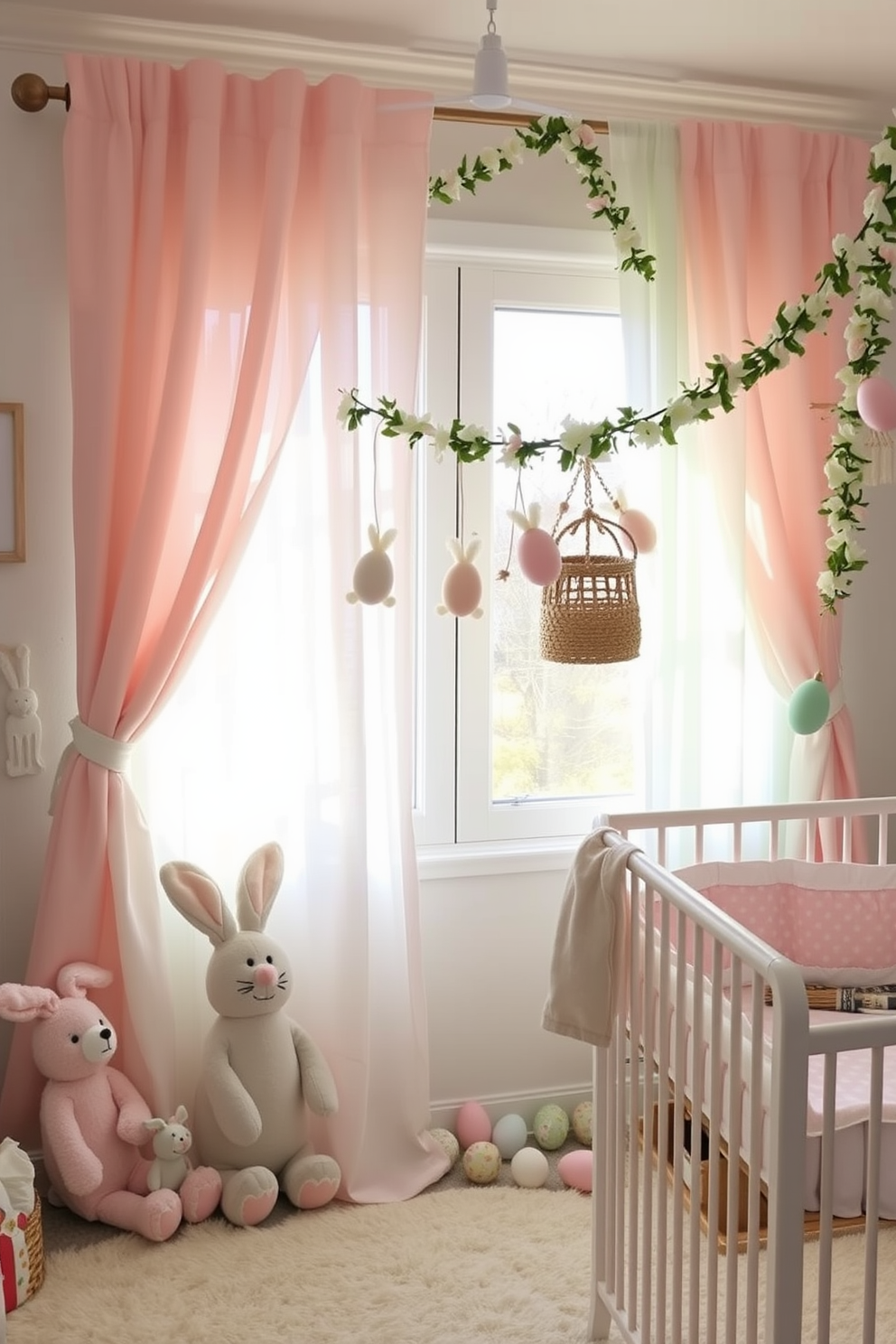 Soft pastel curtains gently drape down, adding a cozy feel to the room. The delicate fabric, in hues of blush pink and mint green, softly filters the sunlight, creating a warm and inviting ambiance. A whimsical nursery adorned with Easter decorating ideas. Plush bunny toys, pastel-colored eggs, and floral garlands bring a festive and playful atmosphere to the space.